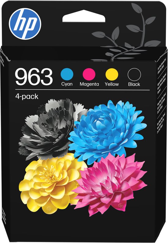 HP 963 4-pack inktcartridges: cyaan, magenta, geel en zwart met bloemenprint.
