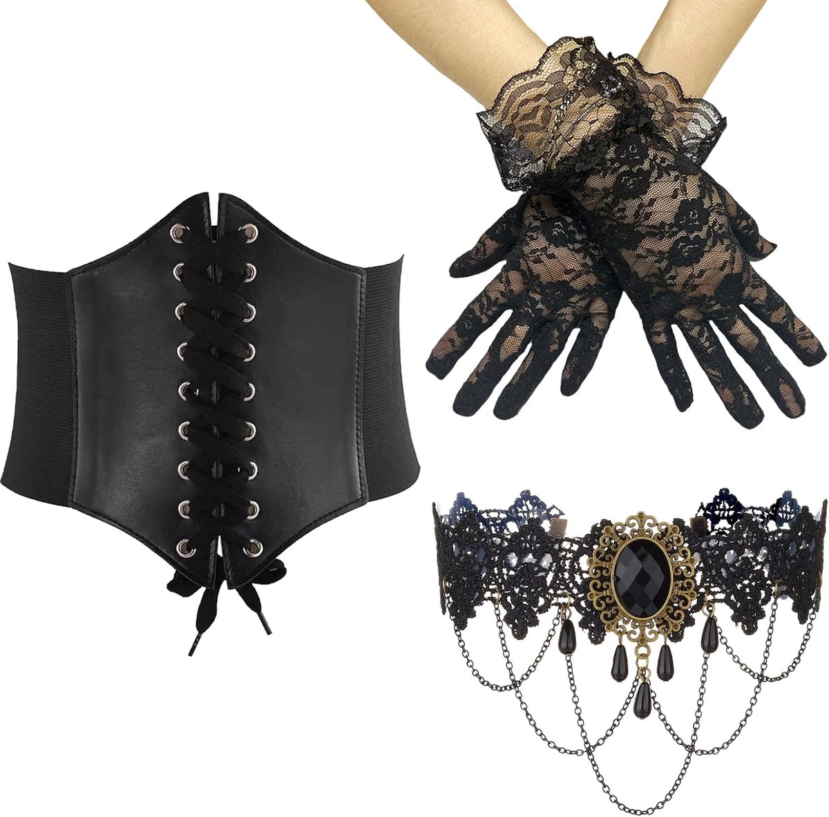 3 pieces retro belts for women with 1 black necklace and 1 pair of lace gloves, pirate corset for women, wide elastic - ShopVlot