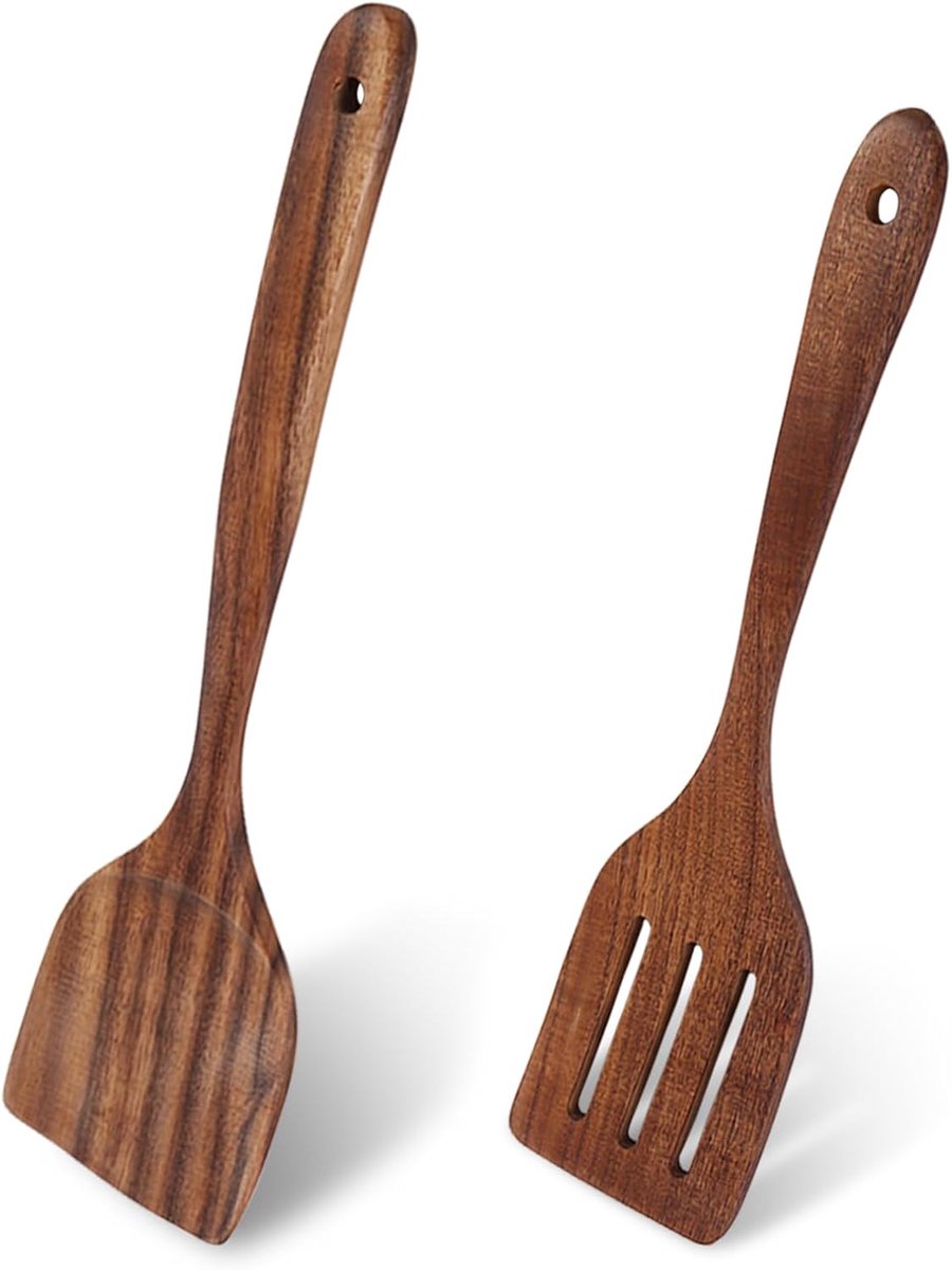 SnelShoppen - Set van 2 Houten Pannenlikkers 34cm - Hoge Kwaliteit Acaciahout Kookgerei - Antibacterieel, Ergonomisch, Hittebestendig - Perfect voor K