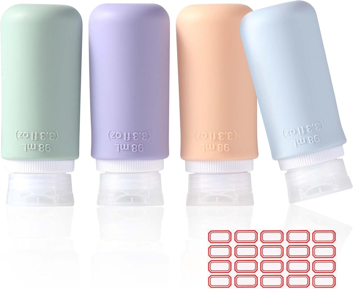 SnelShoppen - Silicone Reisfles Set van 4 - Levensmiddelveilig - Levensmiddelveilige Leeg Pompflessen voor Shampoo, Crème, Vloeistoffen en Lotion (98