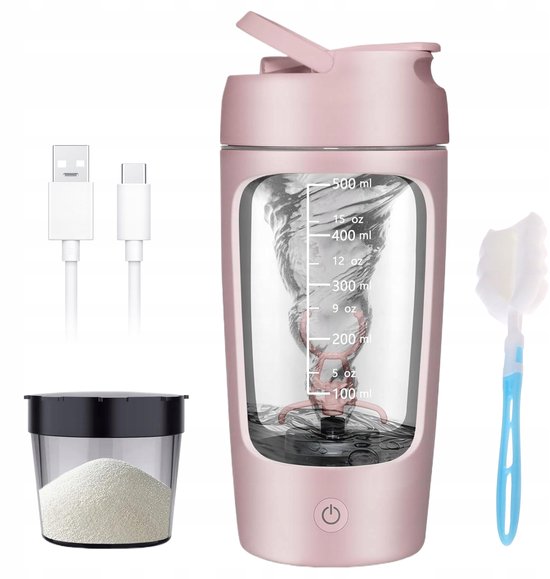 Roze elektrische shakebeker met maataanduidingen, inclusief oplader, poederbakje en schoonmaakborstel.