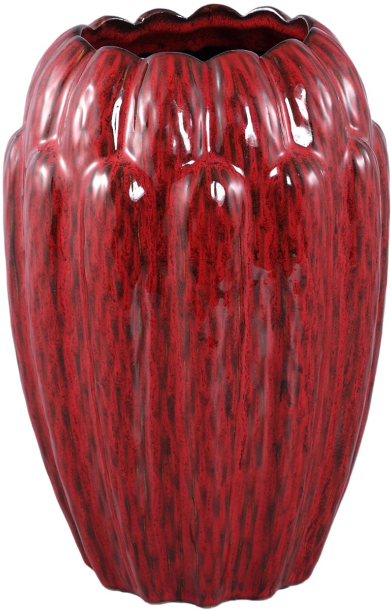 PTMD Bentz Red Ceramic Vase Thick Ribbing Round Rood