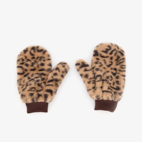 Zachte wanten met een luipaardpatroon in beige en zwart, afgewerkt met een bruine boord.