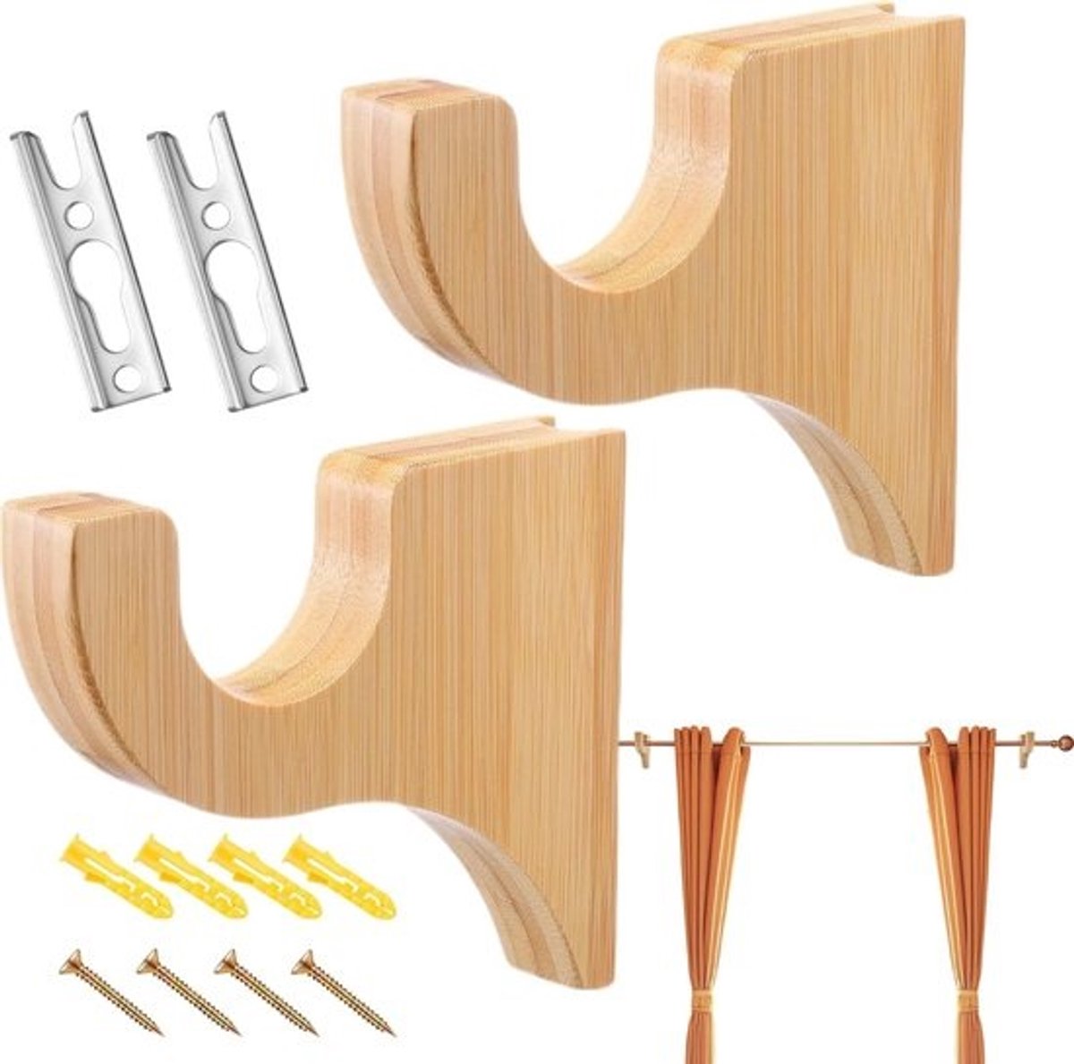 Gordijnstanghouders - Houten houders - Voor raambeslag - Massief houten constructie - 2 stuks - Houtkleur