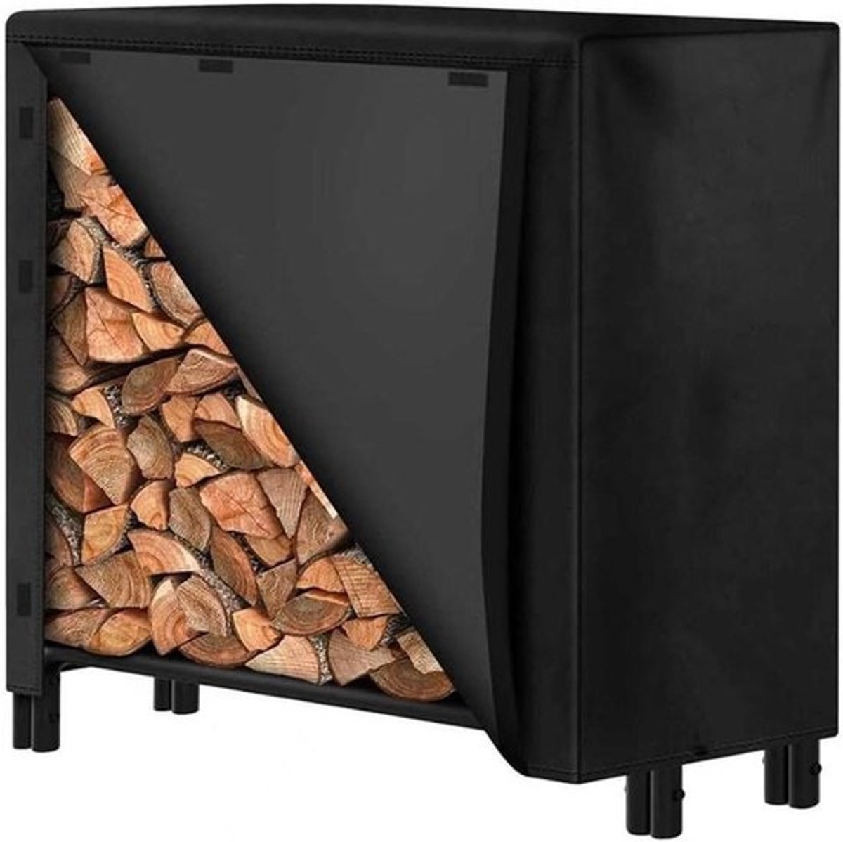 Afdekking voor brandhout - Houtopslag - Houdt hout droog - Geventileerd ontwerp - 122 x 61 x 107 cm - Zwart