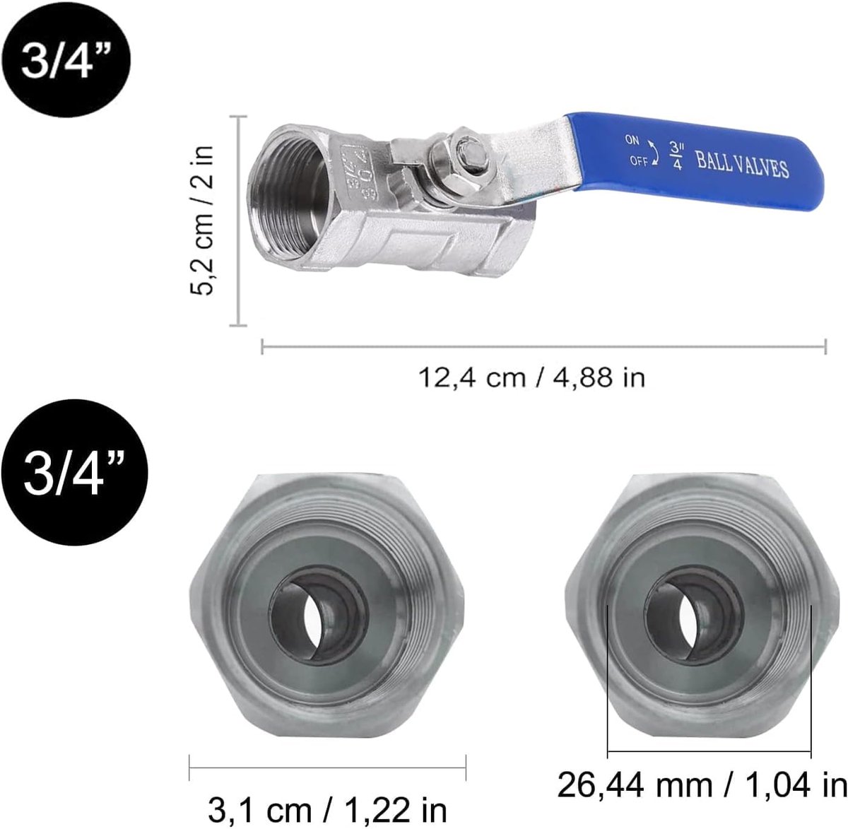 Ball valve, 3/4" female thread, 304 stainless steel ball valve, DN20 long handle, manual shut-off valve for water, oil - ShopVlot