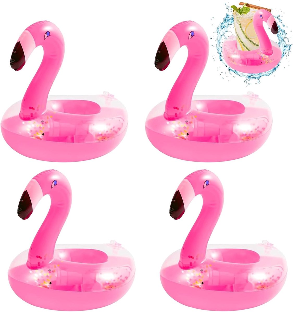 Set van 4 flamingo-onderzetters voor zwembad, opblaasbare kaneelhouder voor cola flessen, bierblikjes, sapbekers - ShopVlot