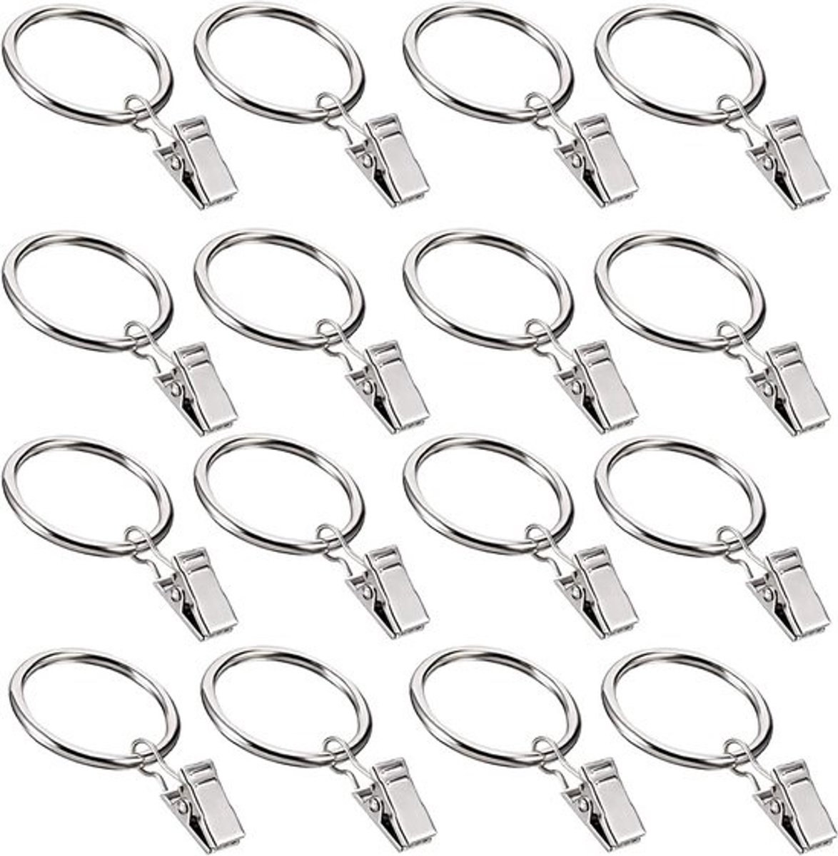 Gordijnringen met clips - klemhangers - voor het ophangen van gordijnen - set van 16 stuks - 35 cm diameter - zilver