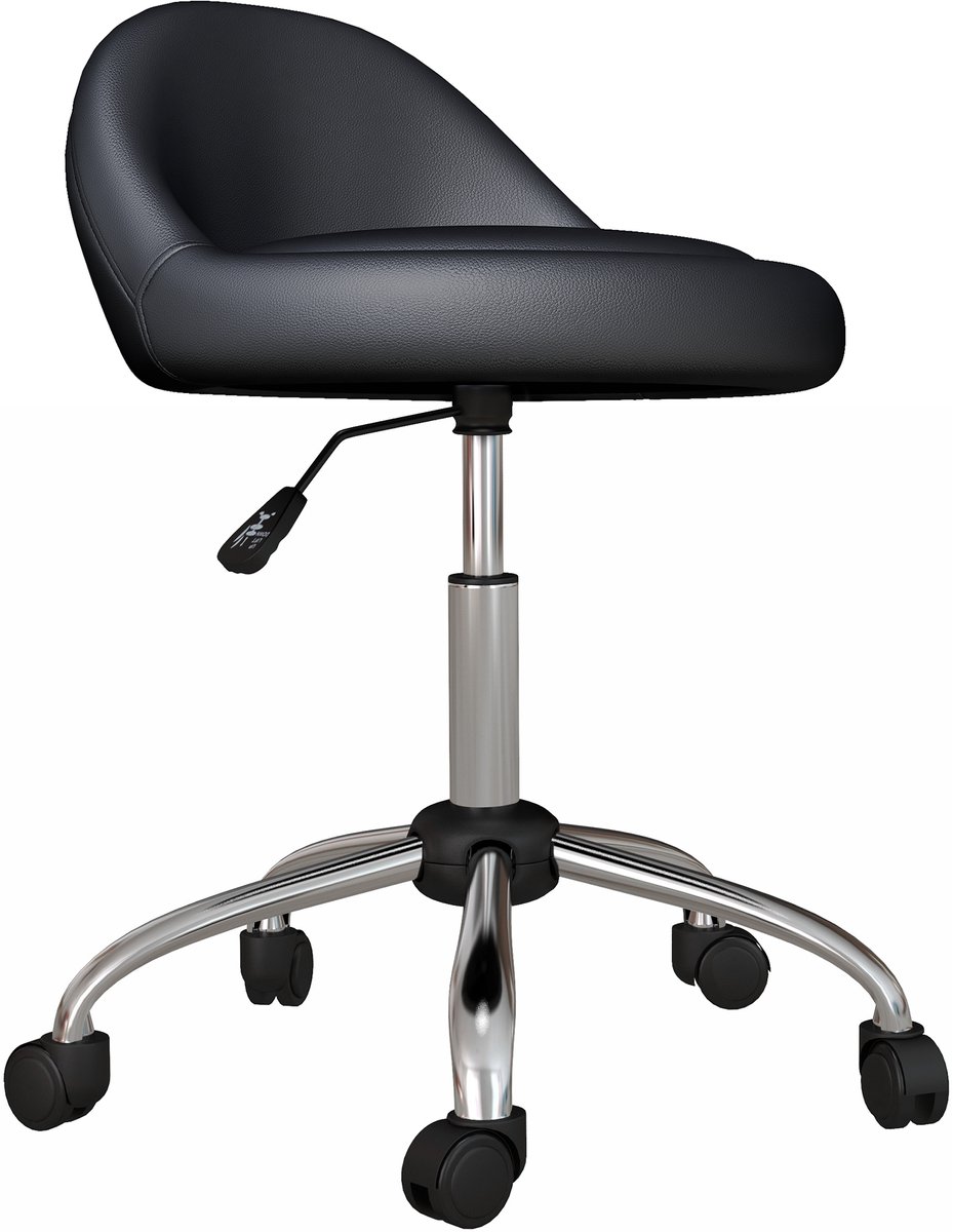 Salonkruk - in hoogte verstelbaar 63-83 cm, 360° draaibaar, met rugleuning, op wielen, kunstleer, tot 120 kg, zwart, voor beautyruimte en thuis