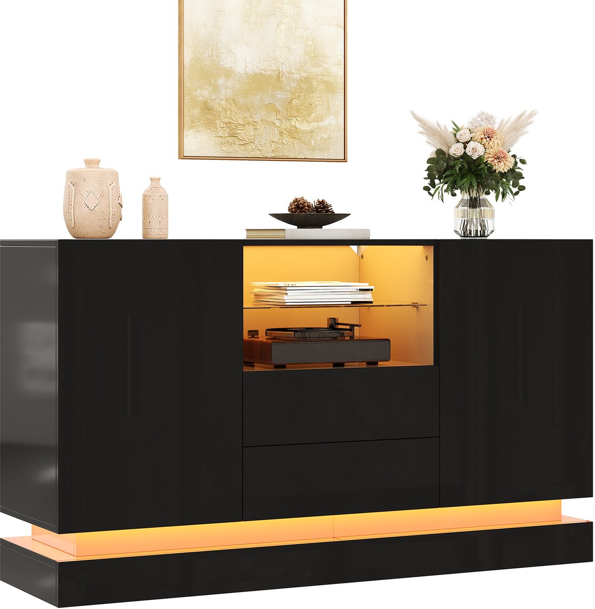 STILVORA Dressoir - Ledverlichting Met Appbediening - 2 Deuren En 2 Lades Met Open Vak - Spaanplaat - 140x40x80 Cm - Zwart