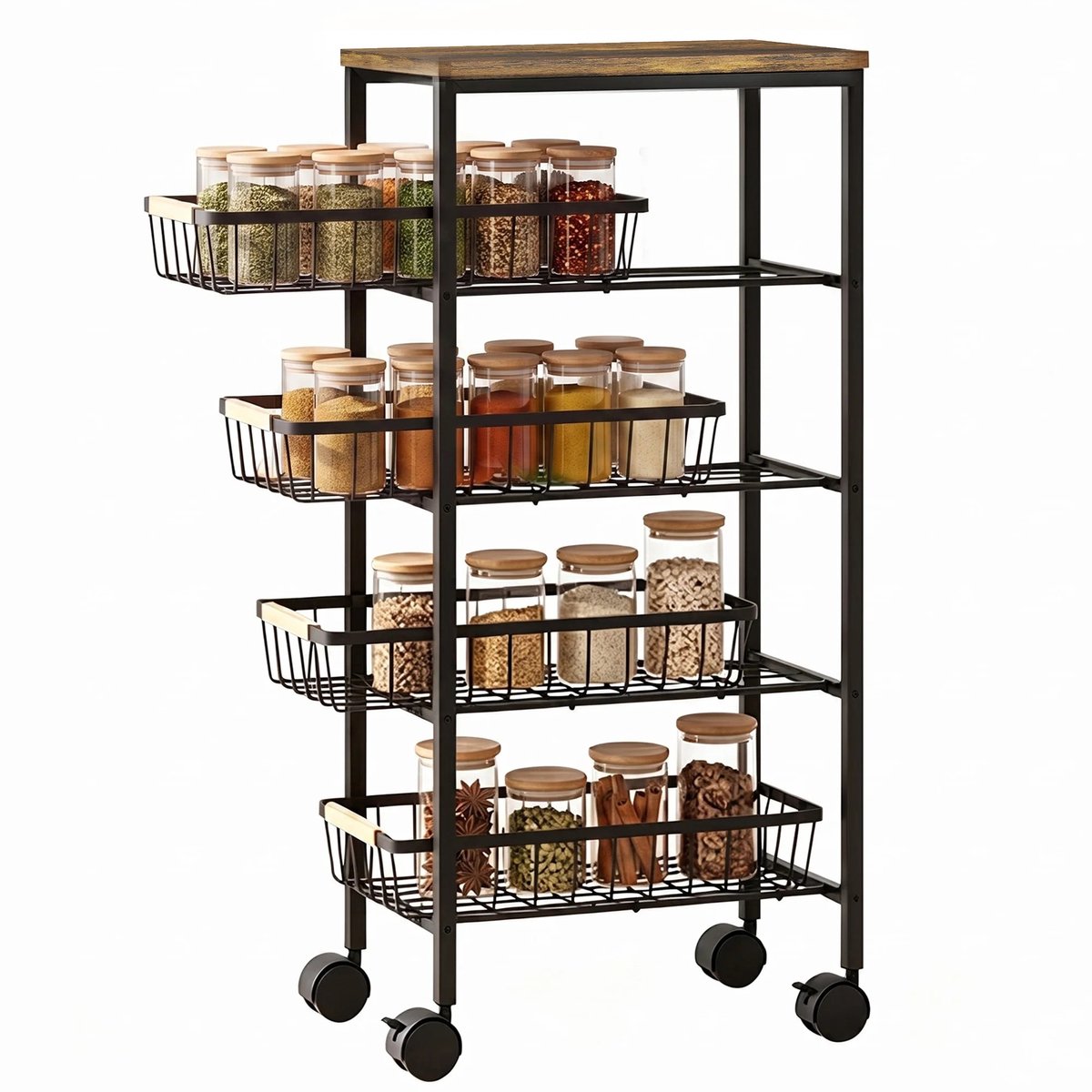Bresht Smalle Keukentrolley - 4 wielen - 2 Remmen - 4 Uitneembare Manden - 15 kg max - Rustiek Bruin/Zwart - 40 x 24 x 81,5 cm