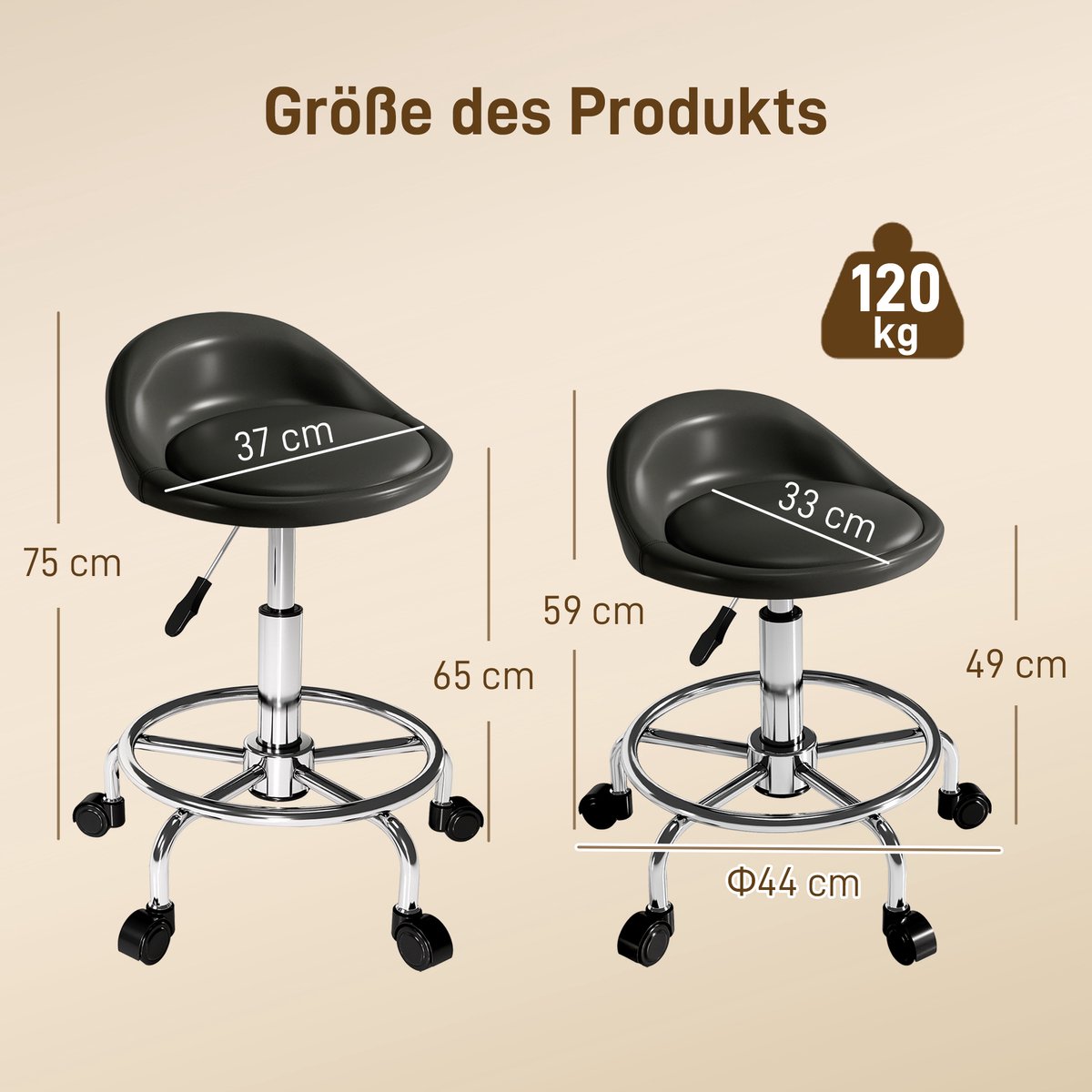Salonkruk - in hoogte verstelbaar 59-75 cm, 360° draaibaar, met rugleuning, met voetsteun, kunstleer, tot 120 kg, zwart, voor tattoostudio