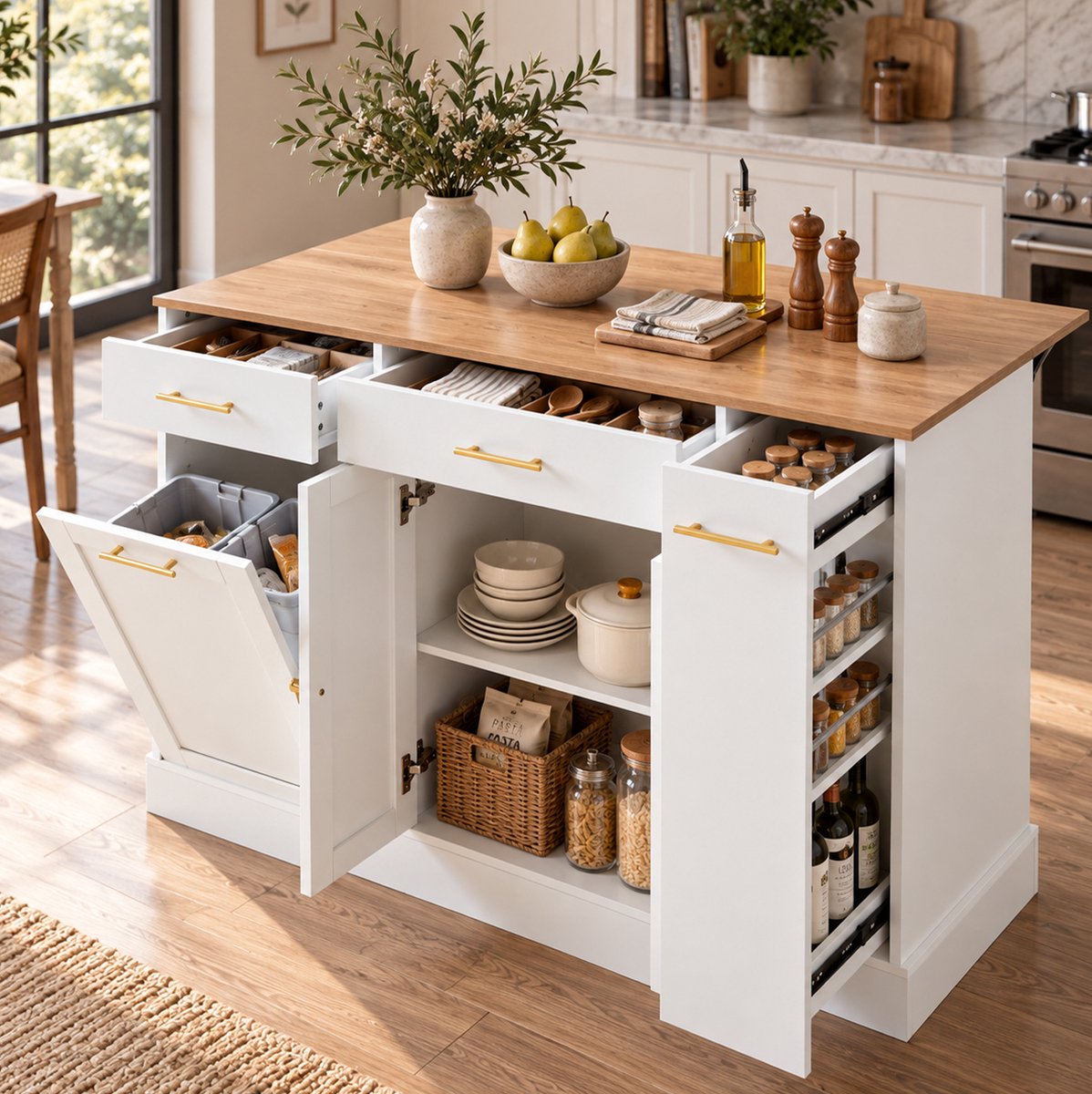 MODFU - Keukeneiland - Klapbaar Werkblad - 3 Lades - Wit - 120 X 70 X 91,5 Cm