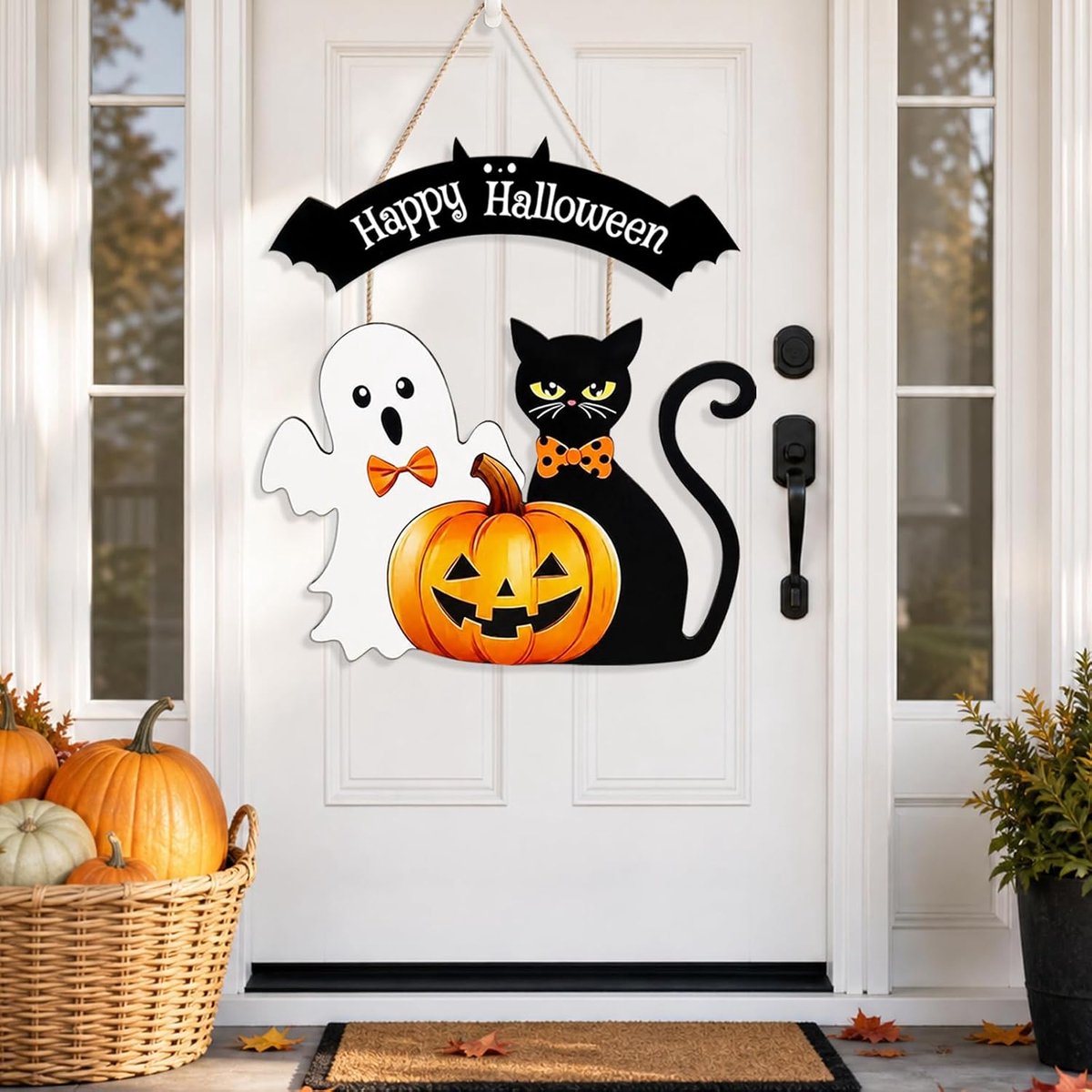 Decoratief deurbord, 40 x 24 cm, Halloween-decoraties, deurkrans met kattenmotief, geest, kuRbis hangbord, houten deurborden, huisdeur, decoratief wandbord voor binnen en buiten, huisdeur