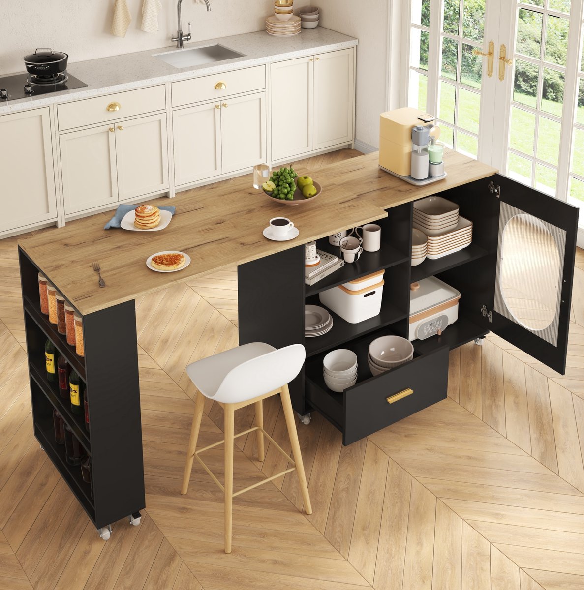 MODFU - Keukeneiland Met Wielen - Draaibaar Werkblad - MDF - Naturel/Zwart - 120-180x60x90 Cm