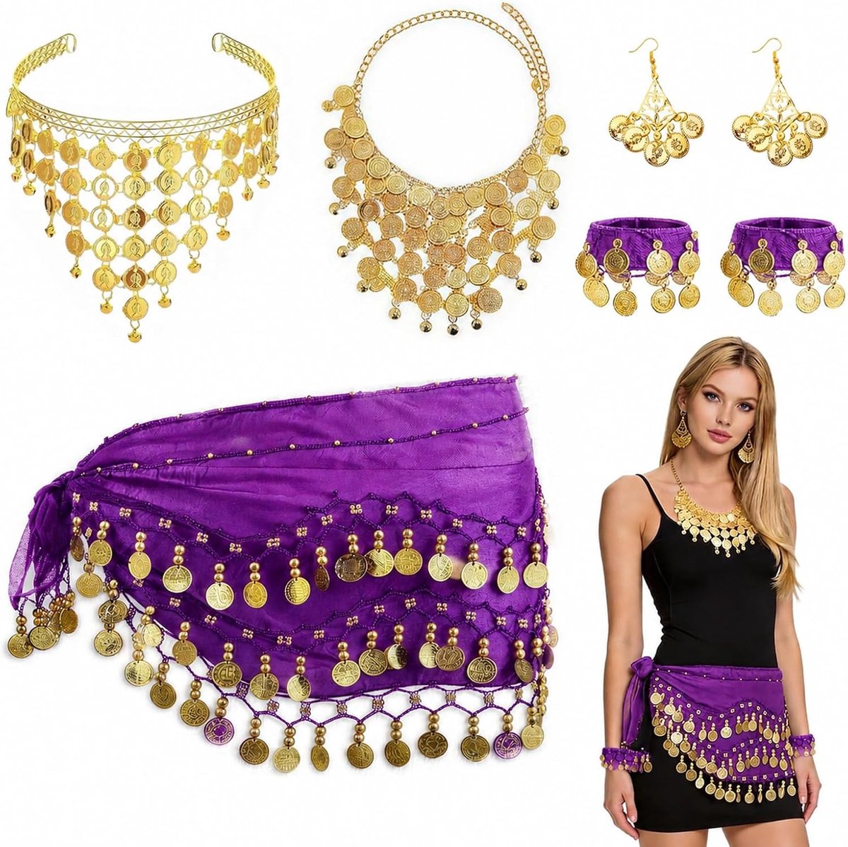 7 stuks buikdans-accessoires voor dames, met heupdoek, hoofdsieraad en sieraden, buikdanskostuum voor dames met gouden munten, waarzegaarskostuum