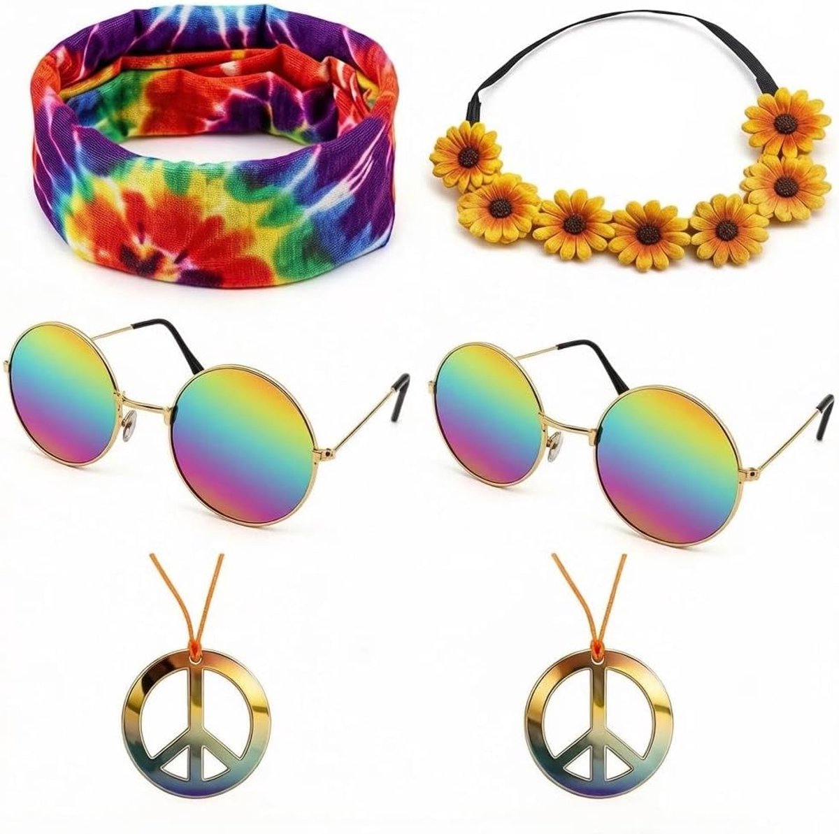 6-delige hippie-kostuumset voor volwassenen, 2 retro zonnebrillen + 2 kettingen met vredesteken + 1 tie-dye hoofdband + 1 madeliefjesbloemenkroon | 60-70-themafeest verkleedset rollenspel
