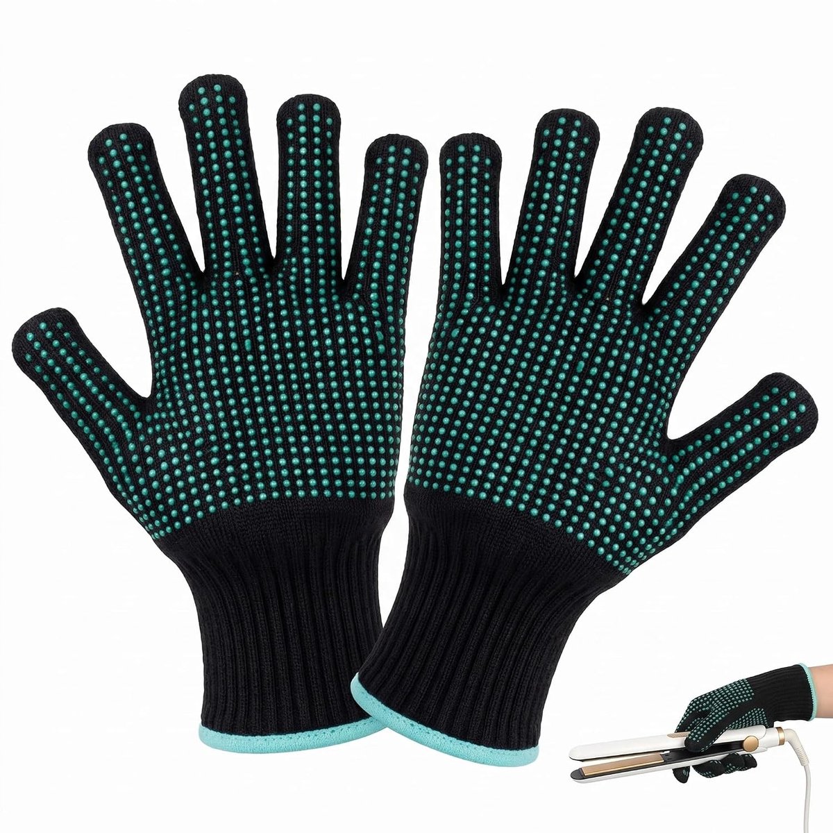 Hittebestendige handschoenen voor stijltang en krultang, 2 stuks, katoenen handschoenen met antislip siliconen punten voor professionele styling, geavanceerde warmtebescherming, groen