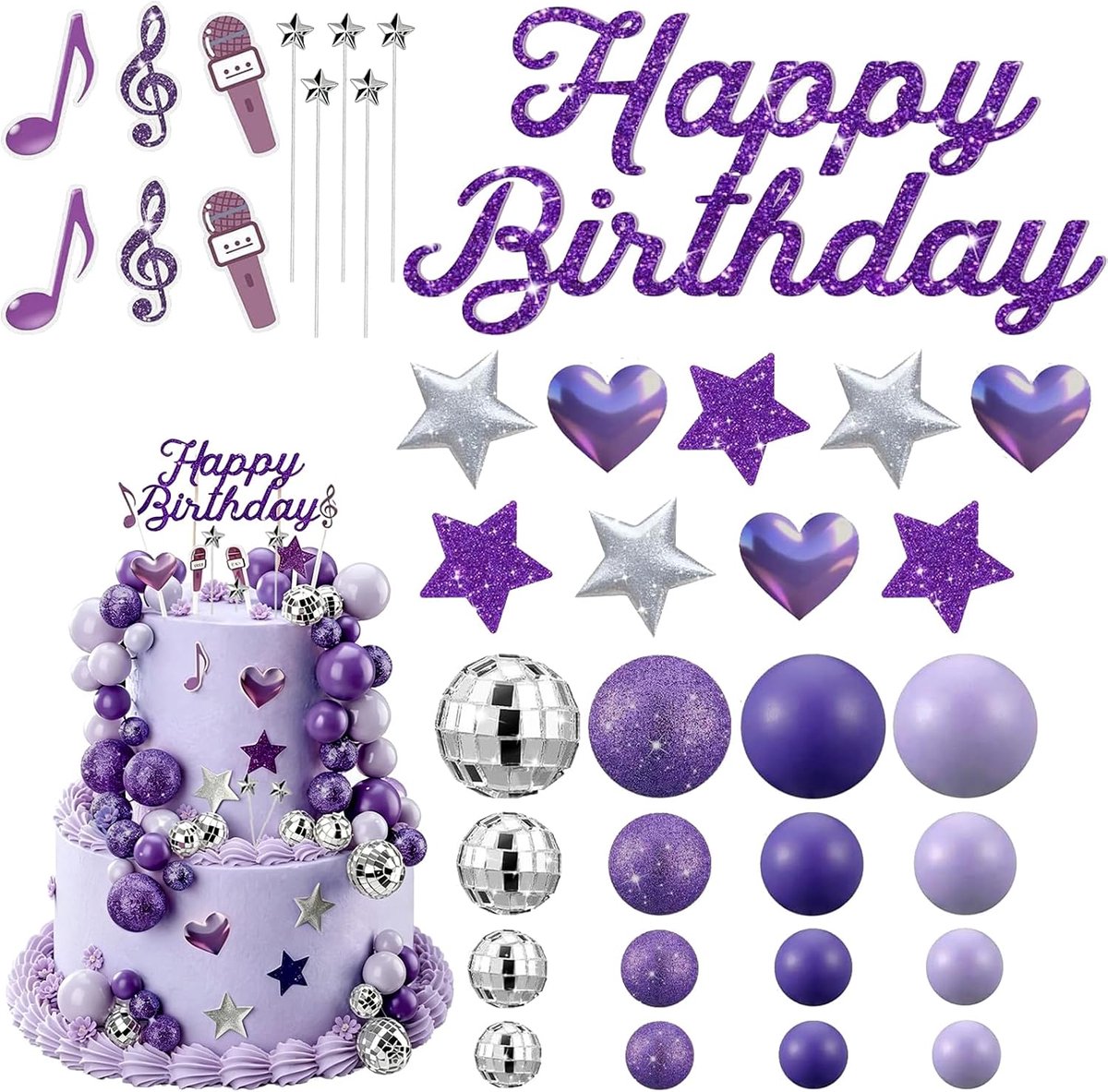 37 stuks discobal paars taartdecoratie Dancing Queen taarttopper