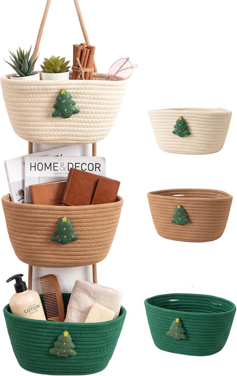3-laags hangende opbergmand Afneembaar katoenen touw Hangorganizer met kerstboomdecoratie voor thuis Slaapkamer Badkamer Kantoor Feestdecoratie