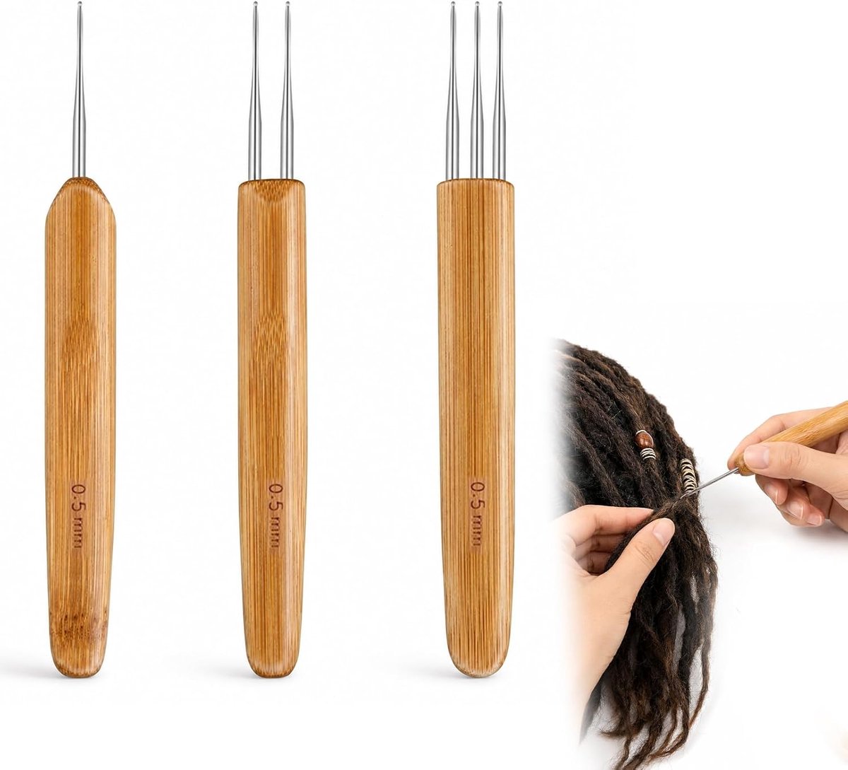 Haaknaalden, haaksloten voor dreadlocks, dreadlocks, haarvergrendeling, DIY Braid Craft, verschillende stijlen, bamboe handvat, roestvrij staal (0,5 mm)