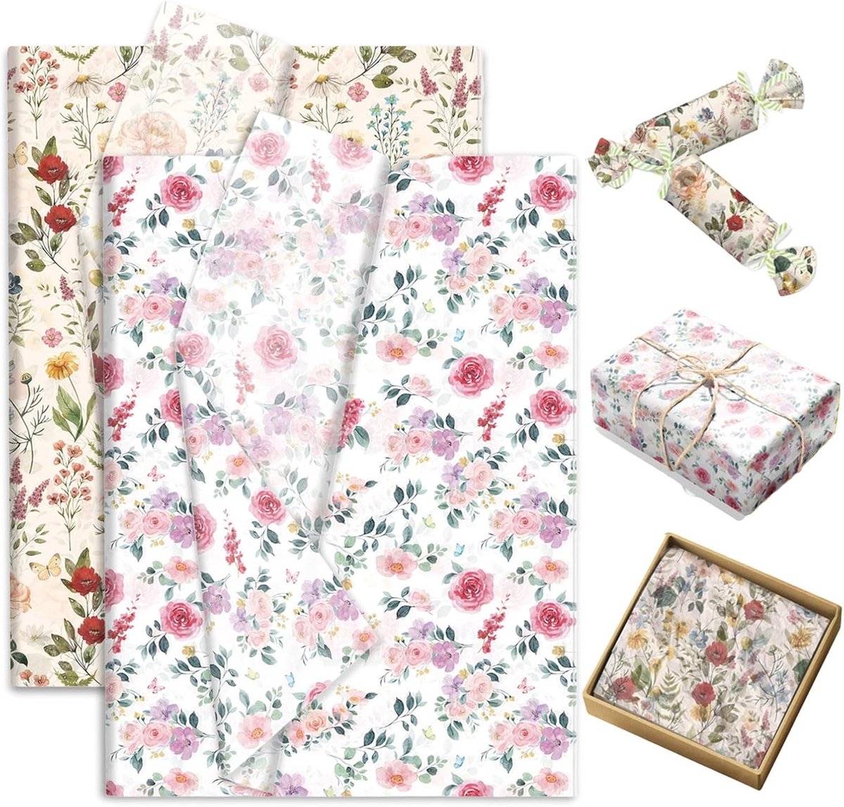 100 vellen zijdepapier verpakkingsmateriaal, 50 x 35 cm, 2 designs zijdepapierset, elegante bloemenverpakking, patroon verpakkingspapier voor bruiloft, verjaardagen en feestdecoratie (rood)
