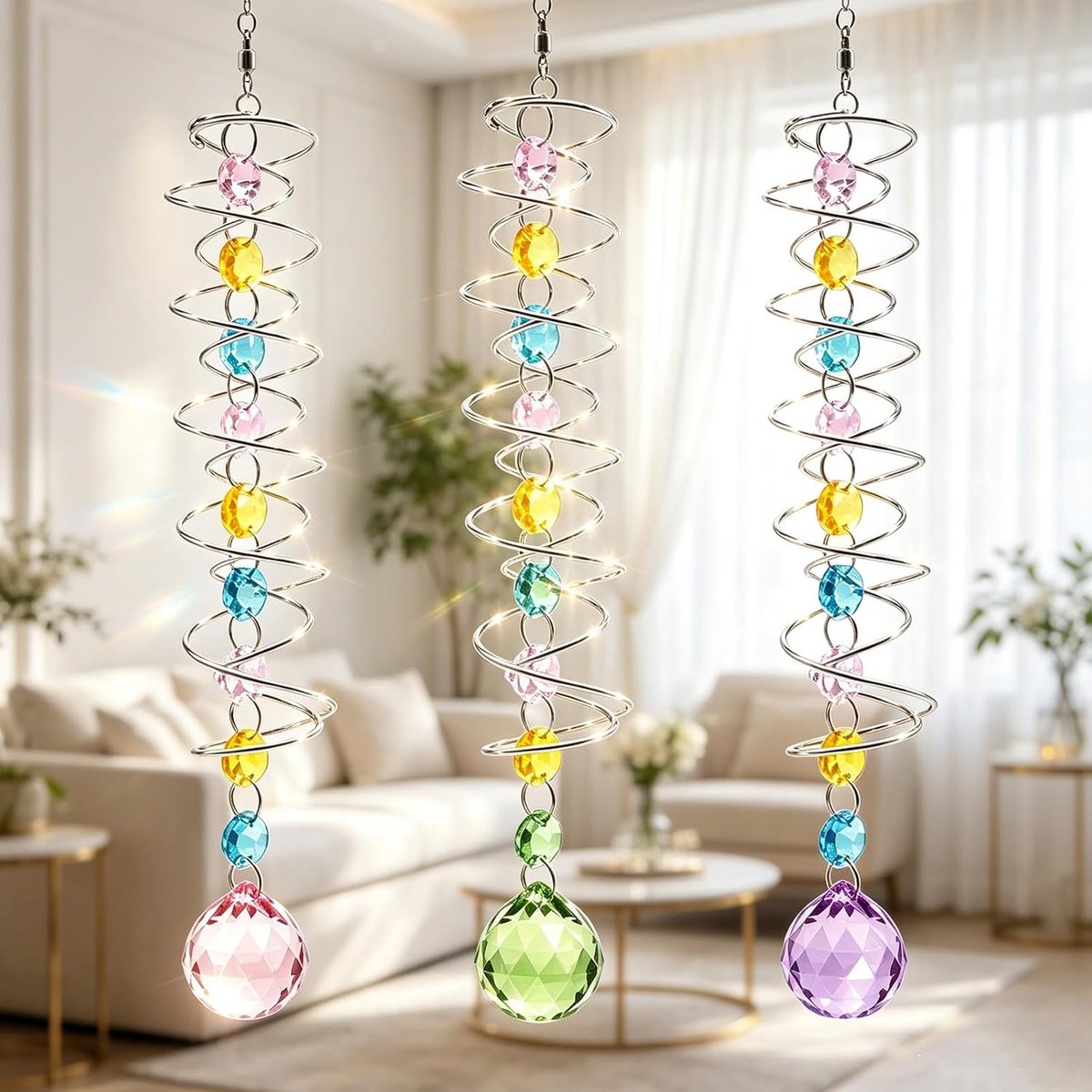 Kristallen set van 3 stuks, 45 cm, regenboogkristal, prisma, raamdecoratie met spiraal, K9 kristallen hanger voor tuin en balkon