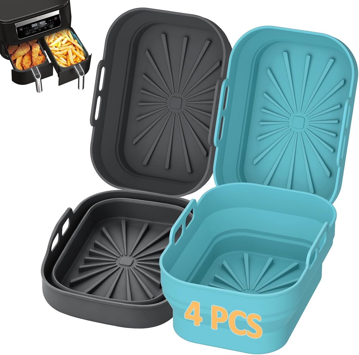 4 stuks herbruikbare siliconen airfryer-bakvormen, opvouwbare rechthoekige baktray, geschikt voor de meeste dual-zone airfryers, antiaanbak, hittebestendige accessoires (donkergrijs & donkerblauw)