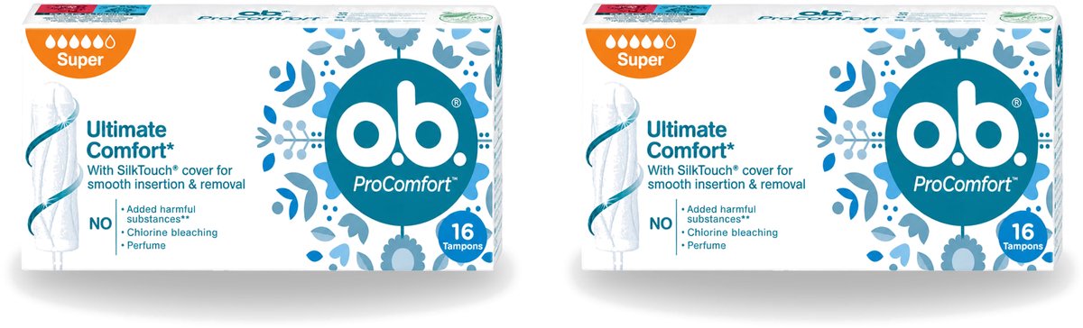 2 x o.b. Tampons - ProComfort Super - Voor Comfort en Zachte Bescherming - 16 Tampons - Voordeelverpakking - 2 stuks