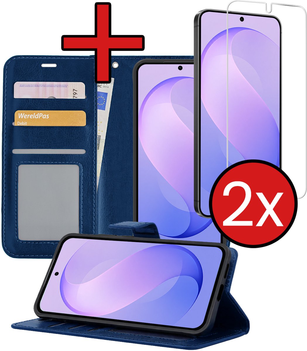 Hoesje - Met 2x Screenprotector - Geschikt voor Samsung Galaxy S26 FE - Luxe Pasjeshouder - Flip Case - Bookcase Portemonee - Kunstleer Book Case - Flipcase Hoes - Book Cover - Walletcase - Portemonneehoes - Telefoonhoes - Donkerblauw