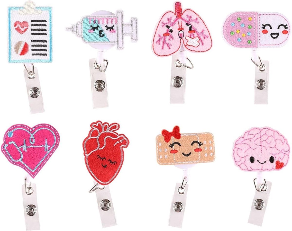 Dailygoods- Sleutelhangers - 8 Stuks - Retractable Lanyard Clips - Identificatie Accessoires - Geschikt voor Verpleegkundigen/Docenten - Multicolour Design - Lanyardclips