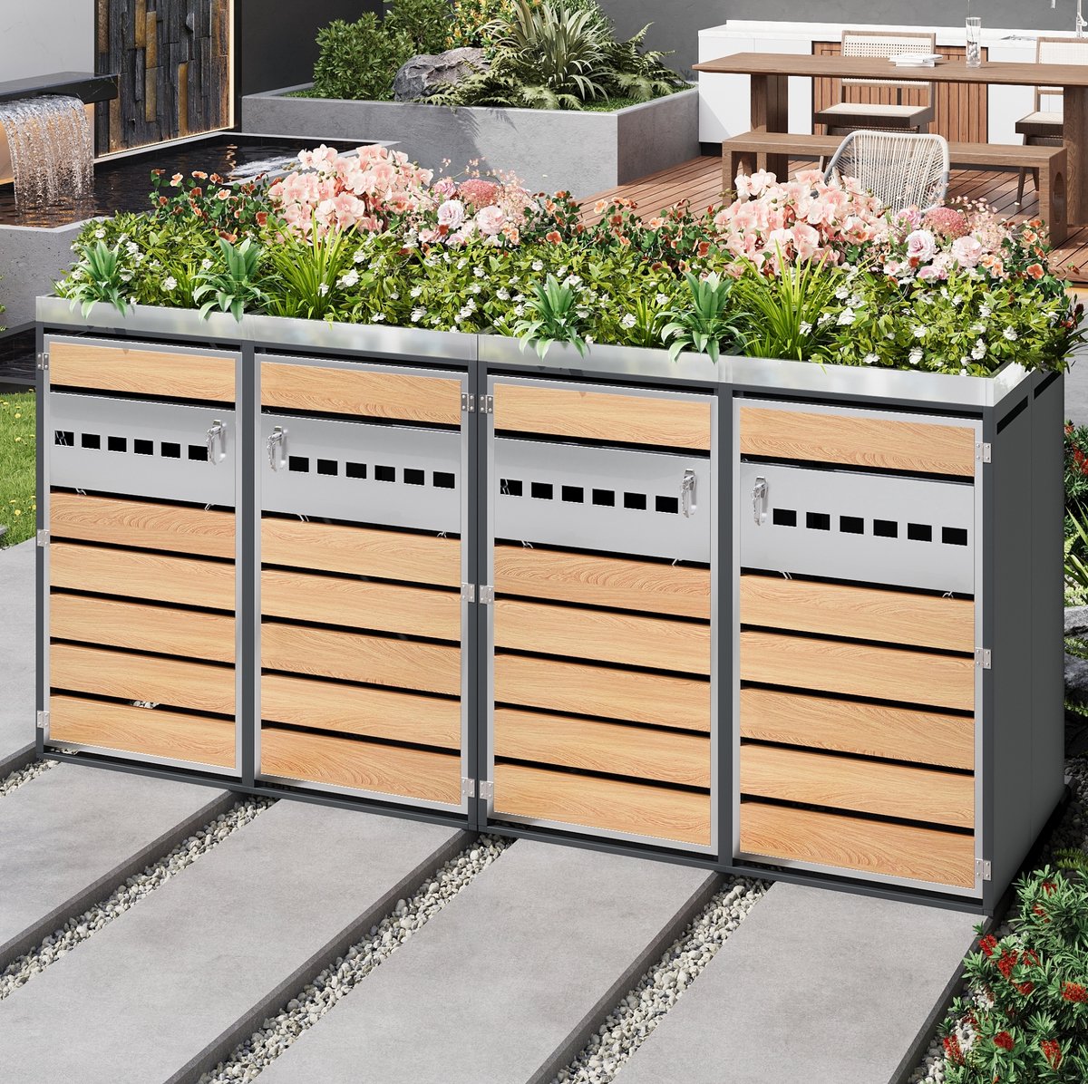 WUVRIE - Containerberging voor 4 containers - Met plantenbak en afsluitbare geventileerde deuren - Grijs/houtlook