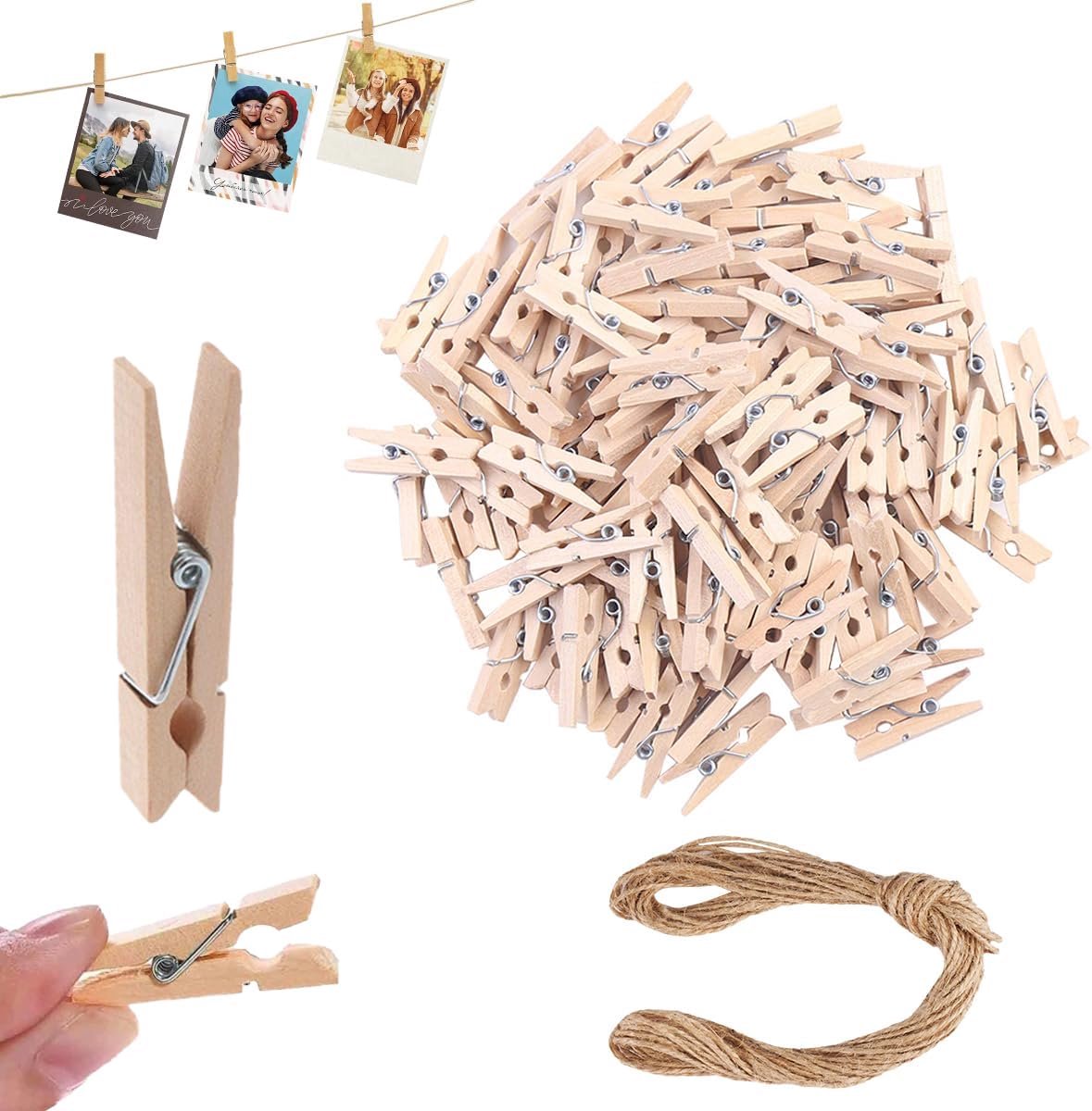 150 stuks mini-houten klemmen, klein, 3,5 cm, met 10 m jutegaren, voor foto's (natuur) - ShopVlot