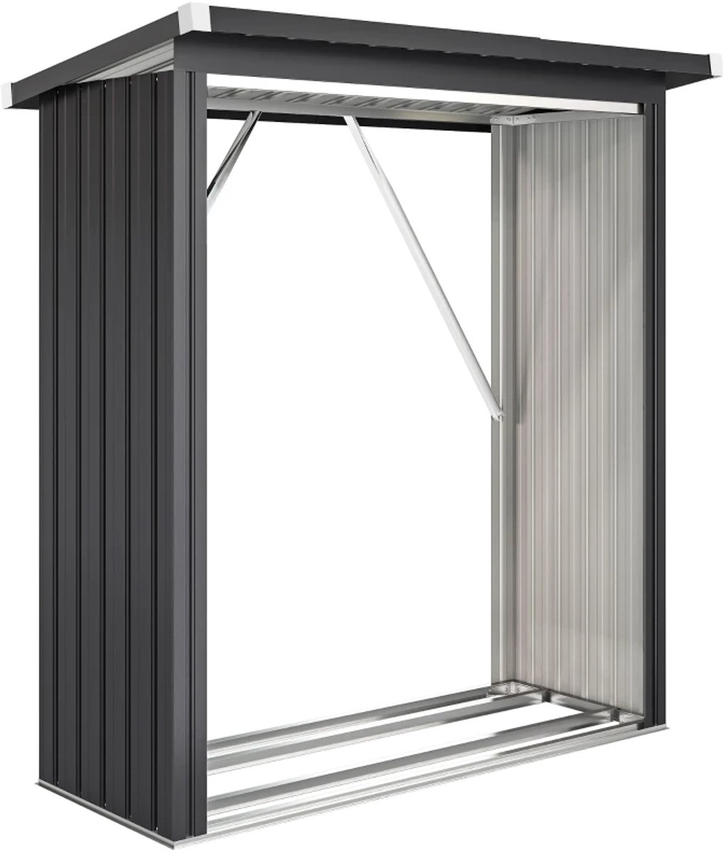 Haardaccessoires - Brandhoutschuur - Brandhoutschuilplaats - Staal - Verhoogde Vloer - Schuin Dak - 150 x 66,5 x 150 cm - Donkergrijs