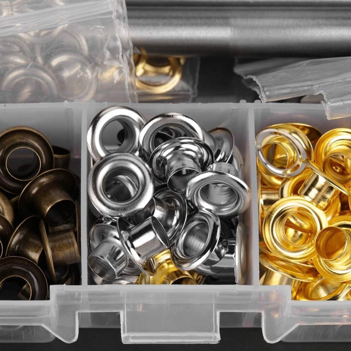 Dailygoods- Ogen Grommet Set 220 Stuks - Metalen Ogen - Handgereedschap - Opbergdoos - Diverse Maten - Duurzaam Materiaal