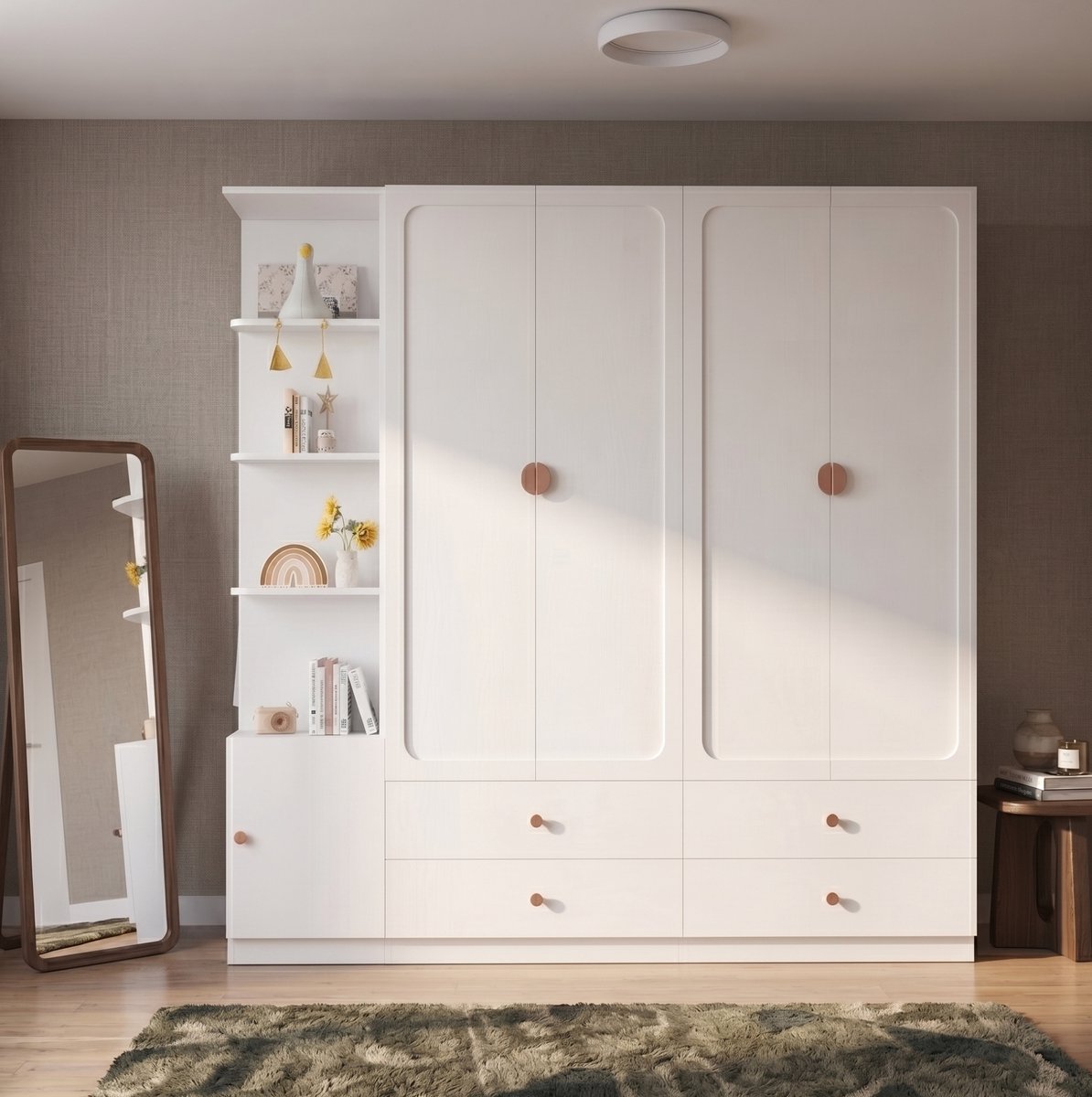 OKWISH Kledingkast - 3 Kledingroedes en 4 Laden - Voor Slaapkamer en Hal - MDF Hout Staal Wit - 225 x 45 x 200 cm