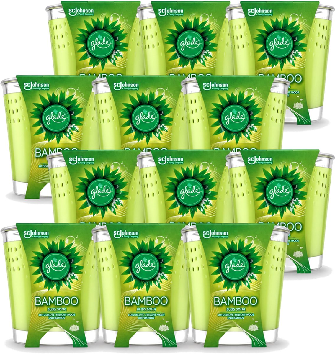 12 x Glade - Geurkaars - Bamboo Bliss Song - Frisse Geur & Relaxatie - 129 g - Voordeelverpakking - 12 stuks