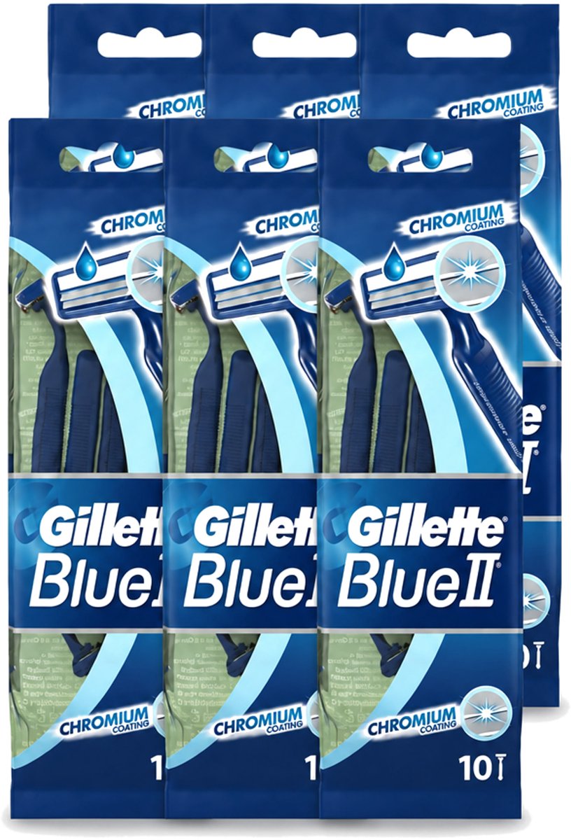 6 x Gillette - Blue 2 - Wegwerpscheermesjes - Chromium Coating - 10 Scheermesjes - Voordeelverpakking - 6 stuks