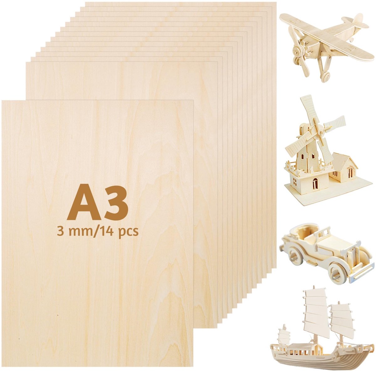 SnelShoppen - 14 stuks A3 multiplexplaat 3mm, 42x30cm knutselhout, houten platen voor schilderen, brandschilderij, lasersnijden, knutselwerk, lindehou