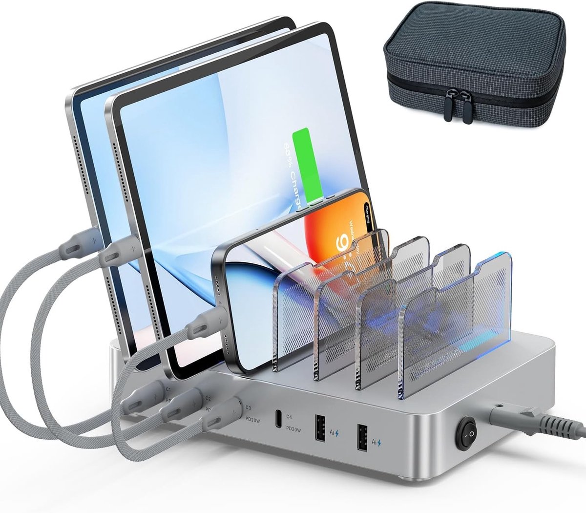 90W Multi-device Oplaadstation met 6 Poorten, 4 PD 20W & 2 USB-A, Inclusief 6 Nylon Kabels en Reiszak voor Tablets en Smartphones