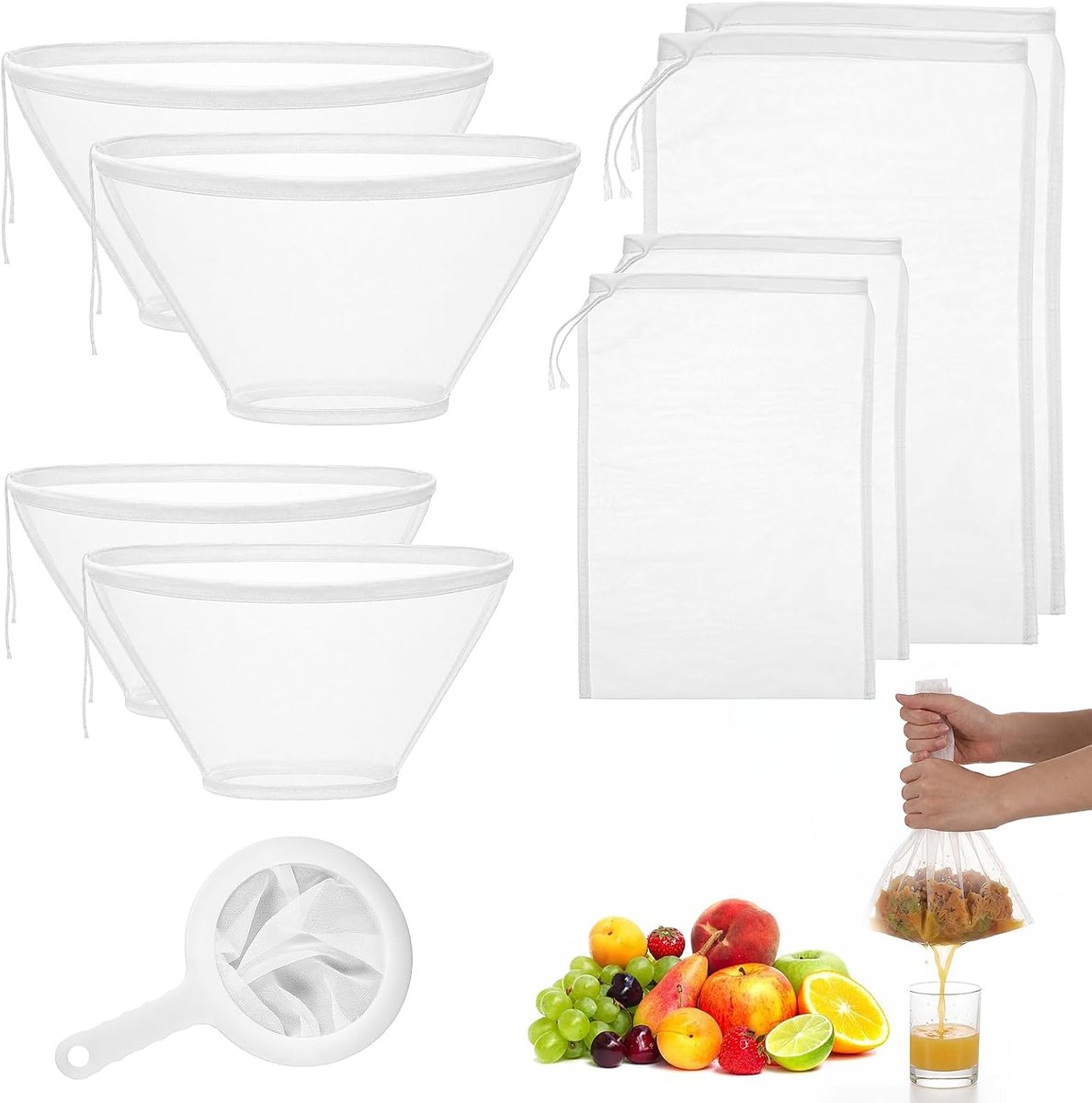 Set van 10 notenmelkzakken, 5 maten, zeefdoek met trekkoord