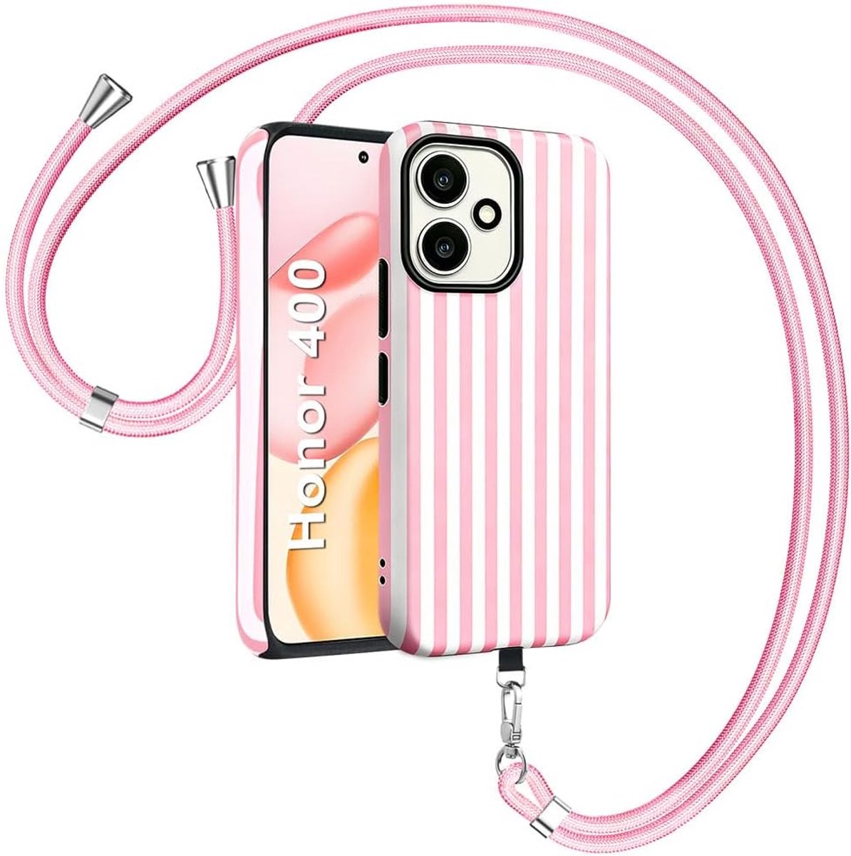 400 hoes met koord, harde PC + TPU Dual Layer hybride esthetische strepen gestreept patroon tekening hoes voor vrouwen meisjes wit roze