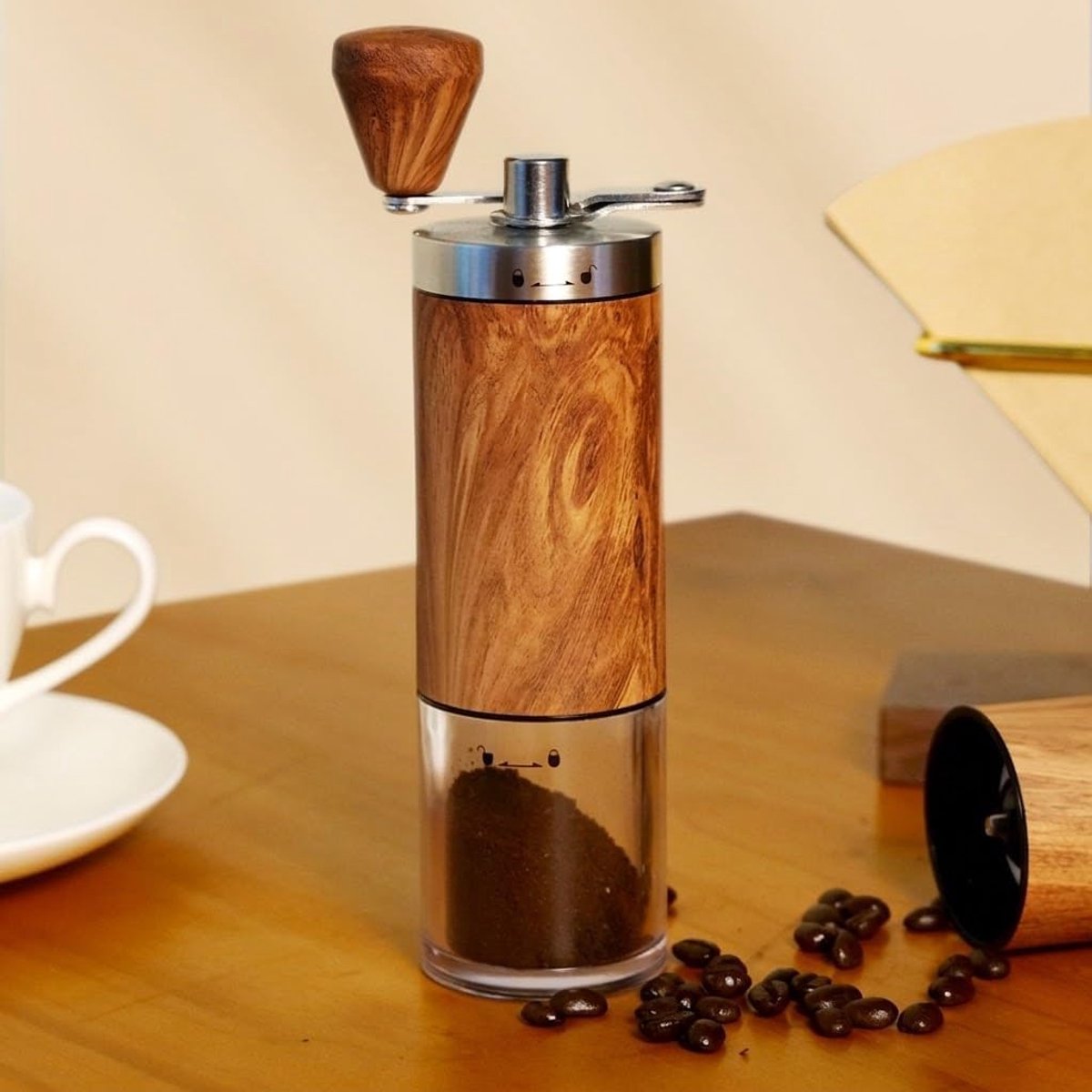 Coffee Grinder Stainless Steel Adjustable Burr Coffee Bean Mill Wood Grain Design