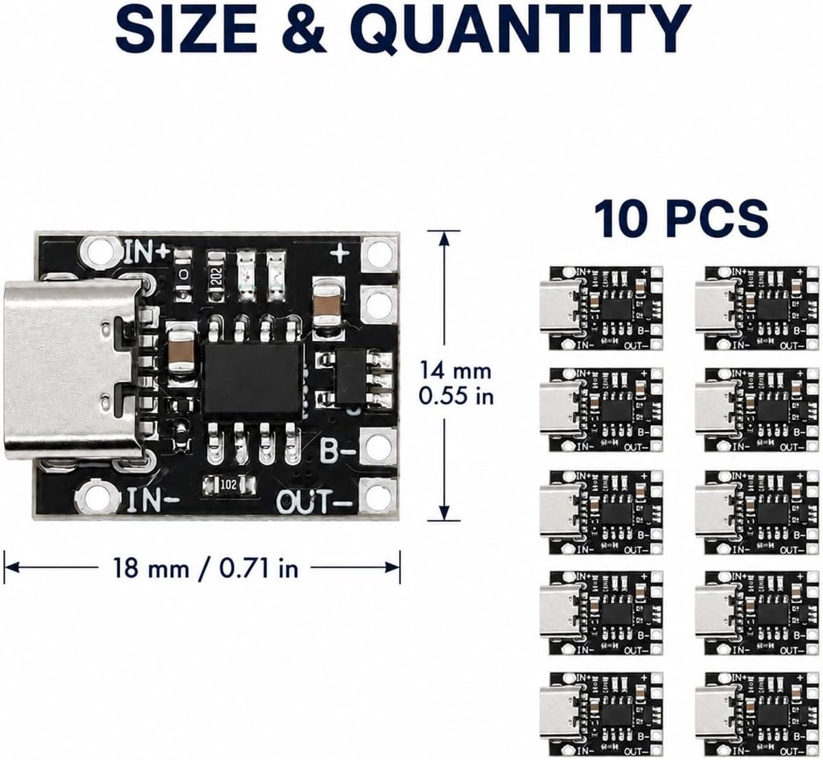 10 stuks Li-ion-acculaadplaat, Lipo laadmodule, USB C laadmodule, TP4056 C, USB-printplaat 5V 1A laadbeschermingsmodule zwart, voor doe-het-zelf lithiumbatterijprojecten