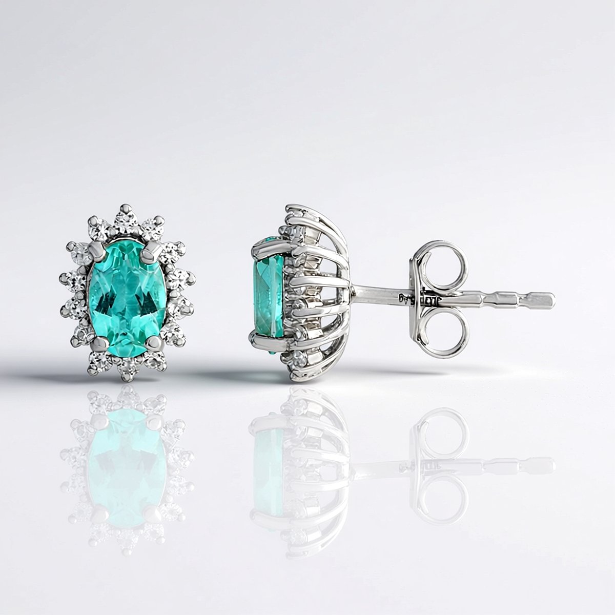 Cavill - Luxe Oorbellen 925 Sterling Zilver Platina Geplekt - Blauwe Ovale Paraíba Kwarts 0,83ct - 28 Zirkonen 0,31ct - Oorstekers Dames