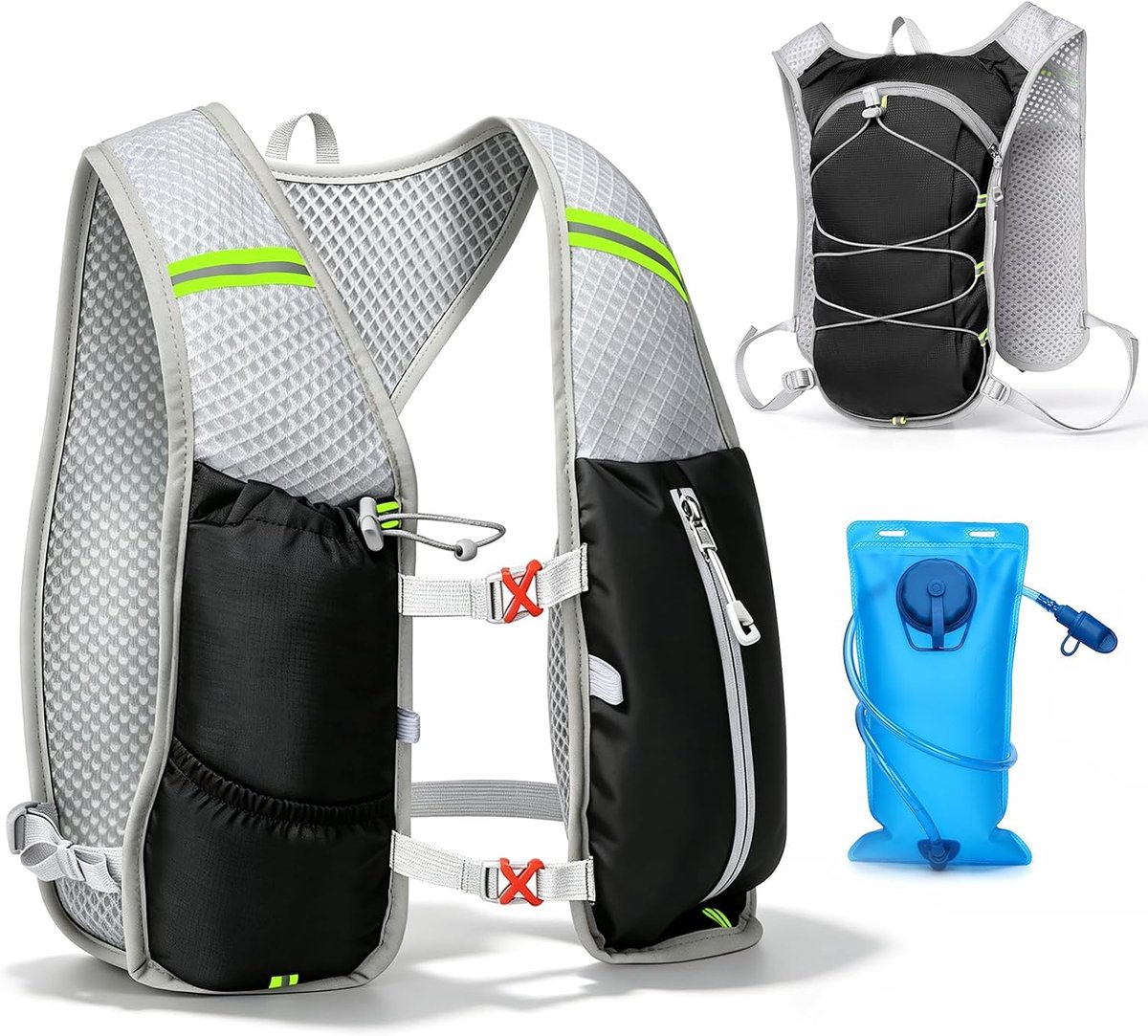 Loopvest voor dames en heren, 5 l, ademend, verstelbaar, looprugzak met 2 liter drinkzak, licht hardloopvest, hydratatievest voor joggen, trailrunning, fietsen, wandelen