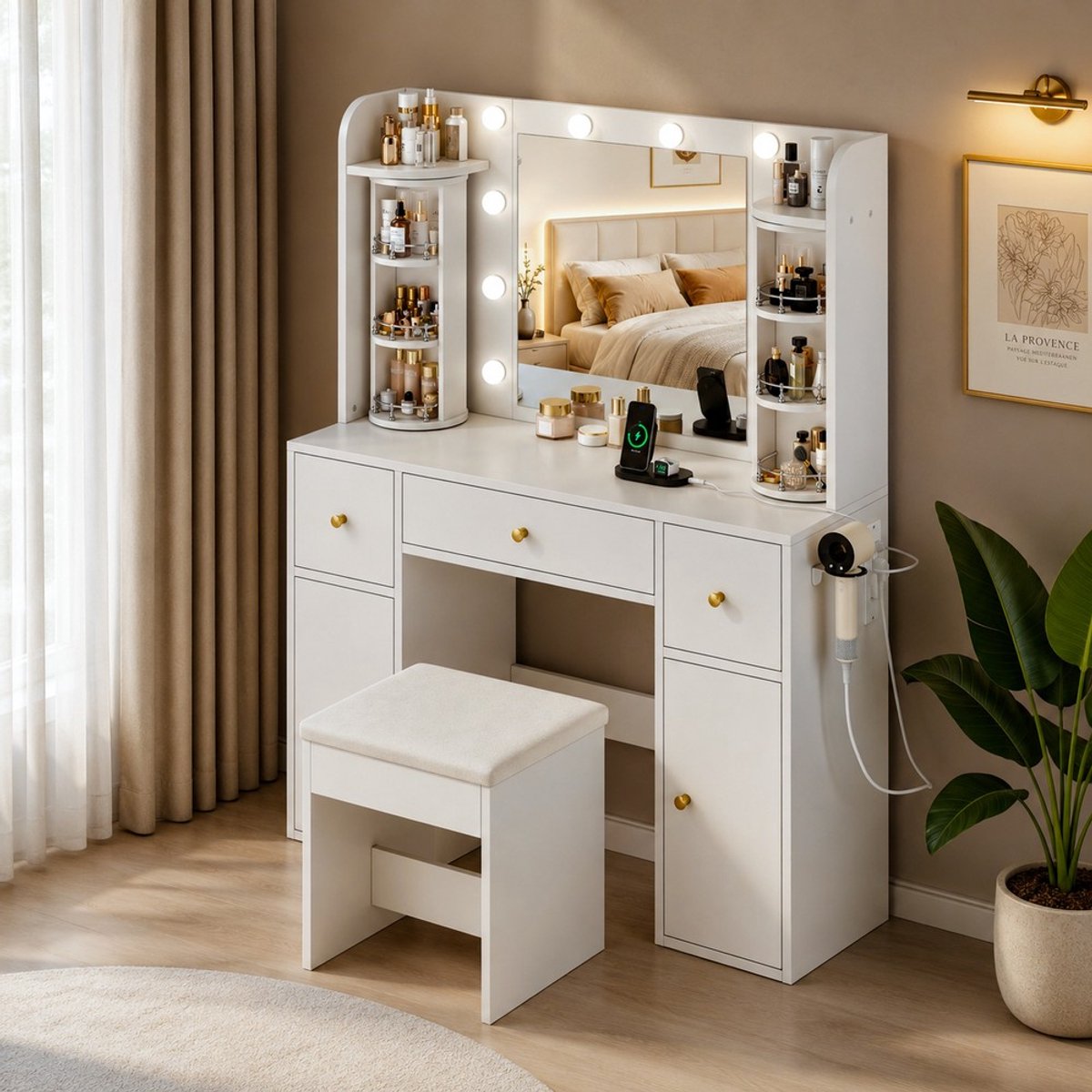 Pugsdrly Kaptafel met spiegel en dimbare LED-verlichting, draaibare sieradenhouder, USB-C-oplaadstation en föhnhouder, 3 lades, 2 kastjes, B 115 × H 141 × D 40 cm, wit