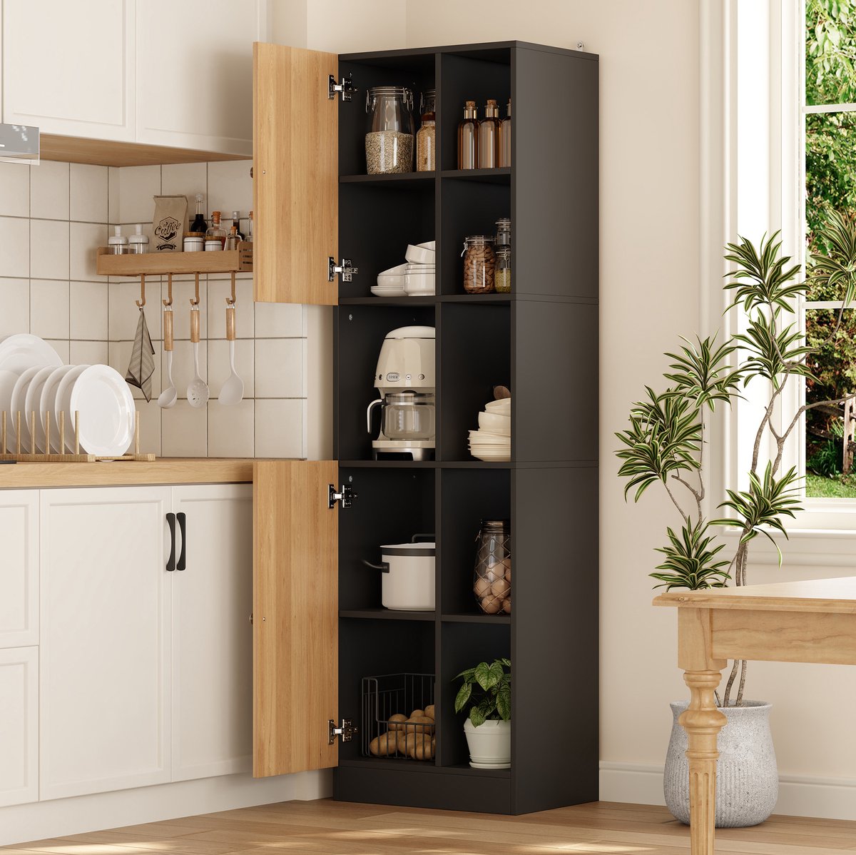 MODFU - Hoekkeukenkast - 6 Open Vakken - 2 Deuren - Verstelbare Planken - 50 X 35,5 X 170 Cm