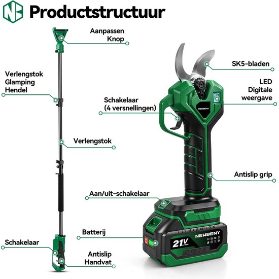 NewBeny Elektrische Snoeischaar - 35mm Snijdiameter - Telescopische steel 2.05 M - met 2x Accu's - Taksnijder - voor bomen, tuin en boomgaard — afbeelding 2