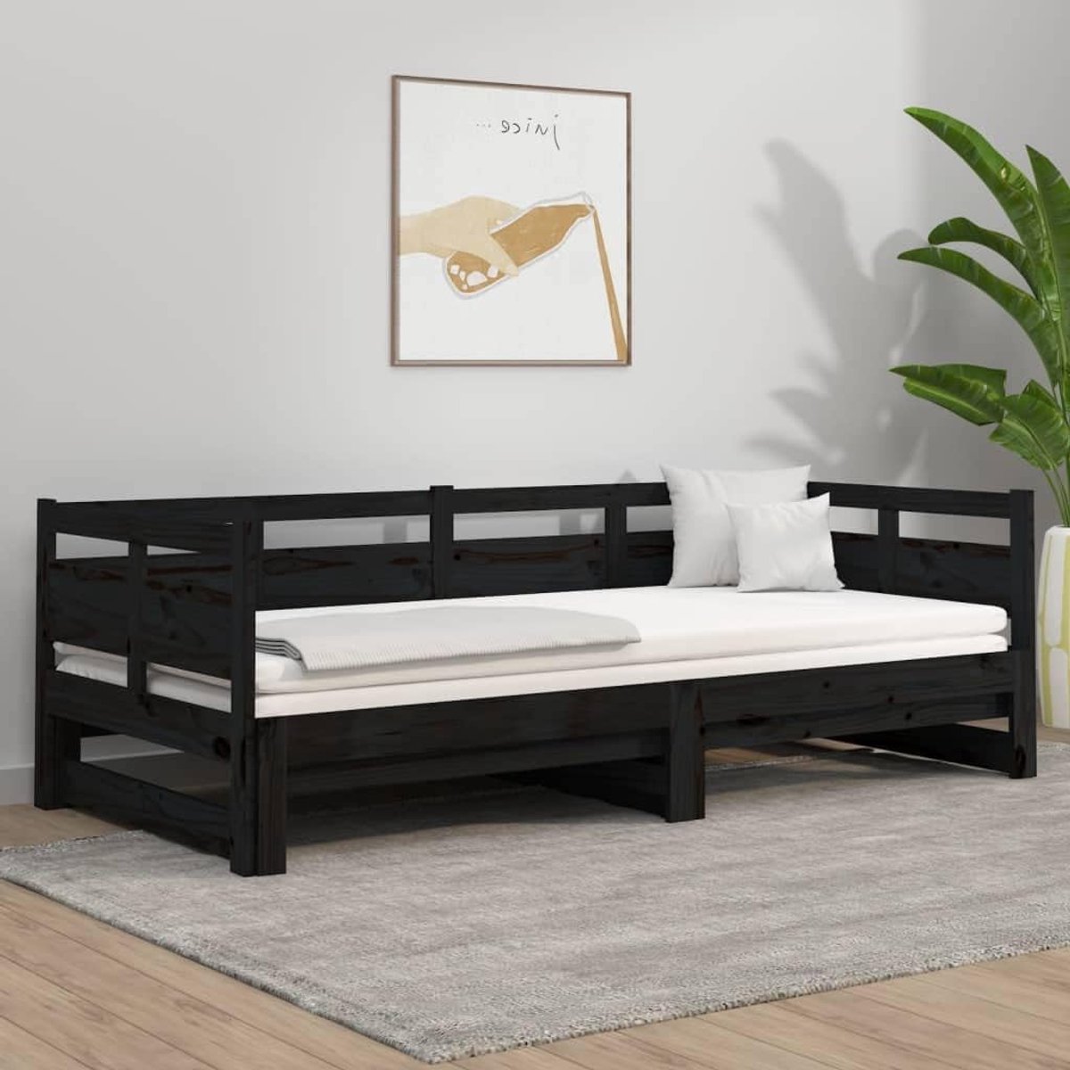 Uitschuifbaar massief grenenhout zwart 2x 90x190 cm logeerbed bank slaapbank met lattenbodem multifunctioneel dagbed ruimtebesparend voor woonkamer logeerzolder
